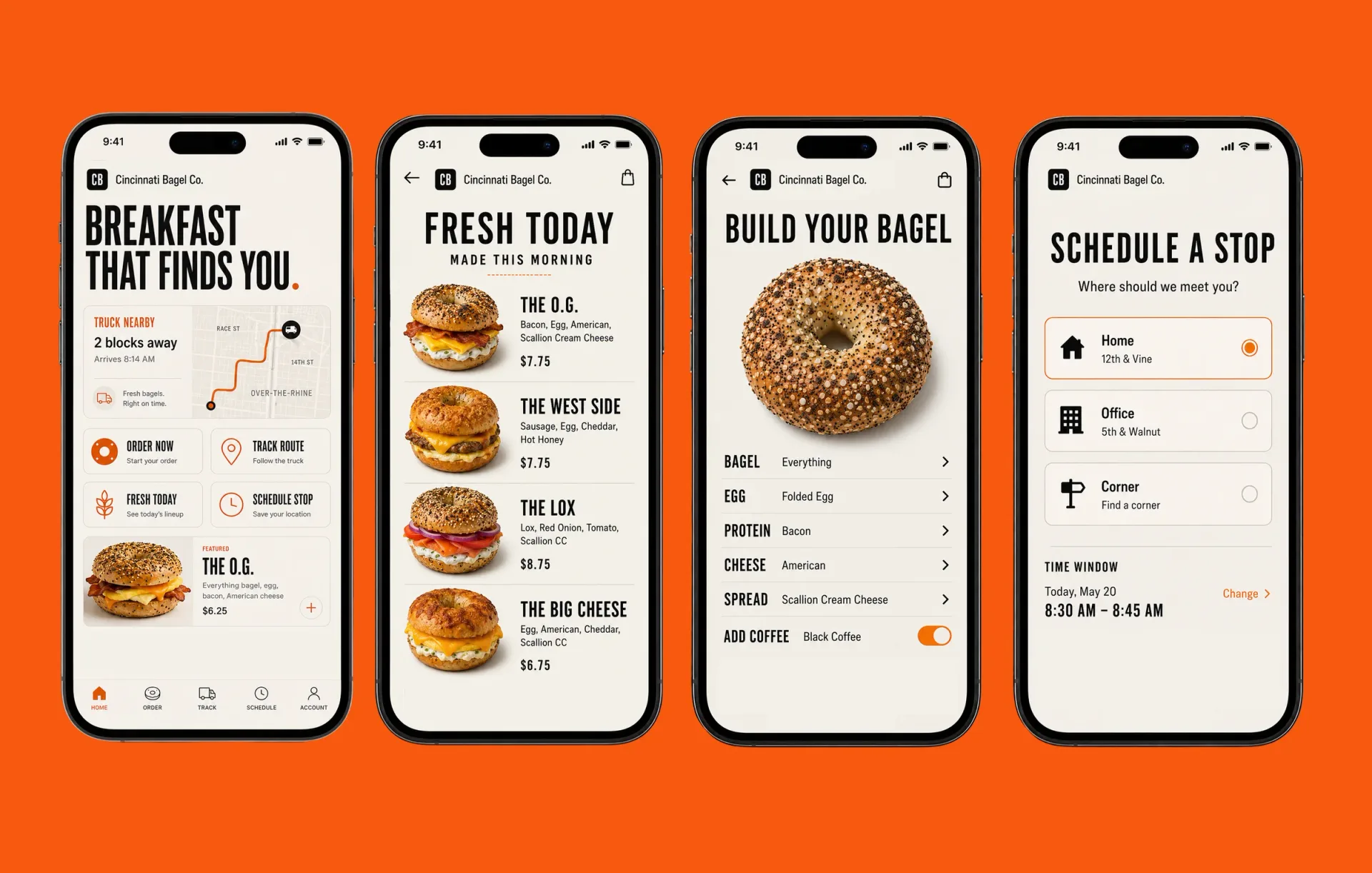 The Cincinnati Bagel Co. mobile app screens on an orange background