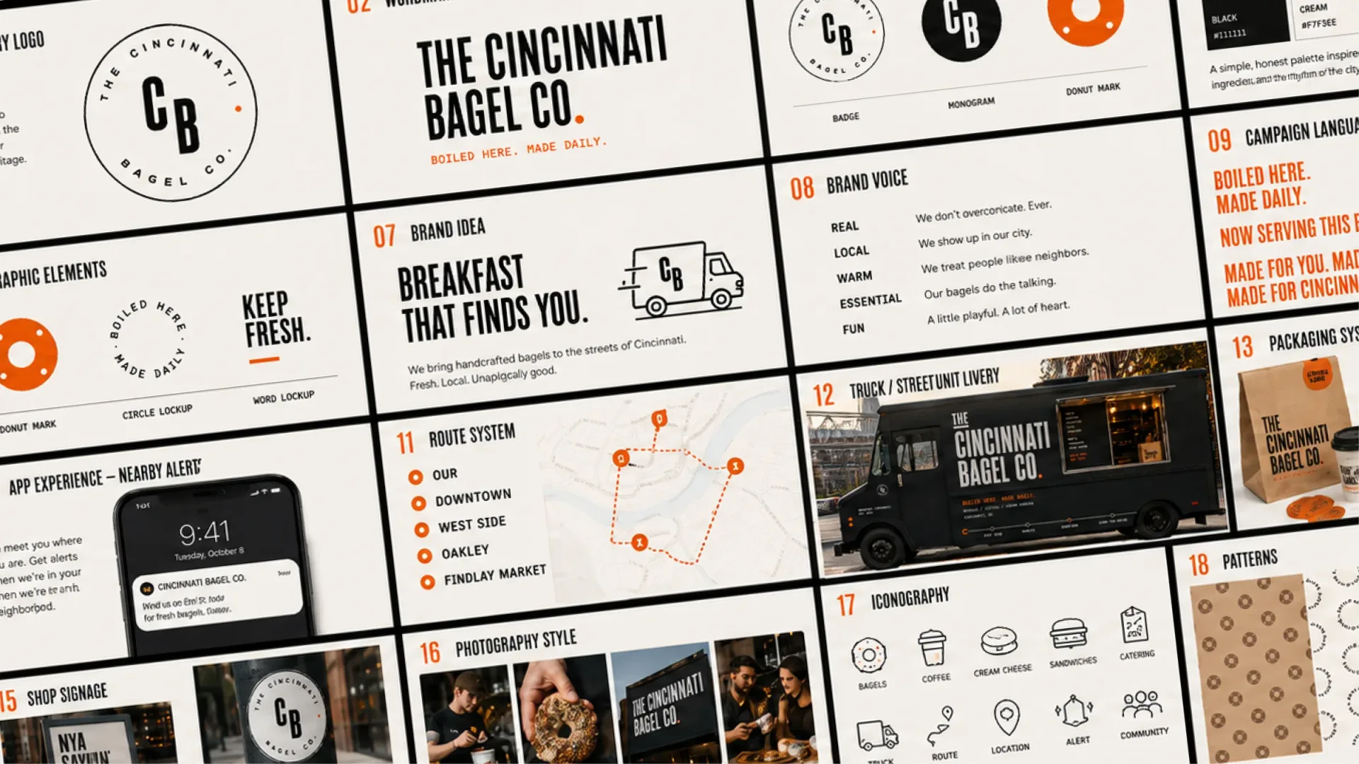 The Cincinnati Bagel Co. brand guidelines board with logo, route system, truck livery, packaging, iconography, and app concepts