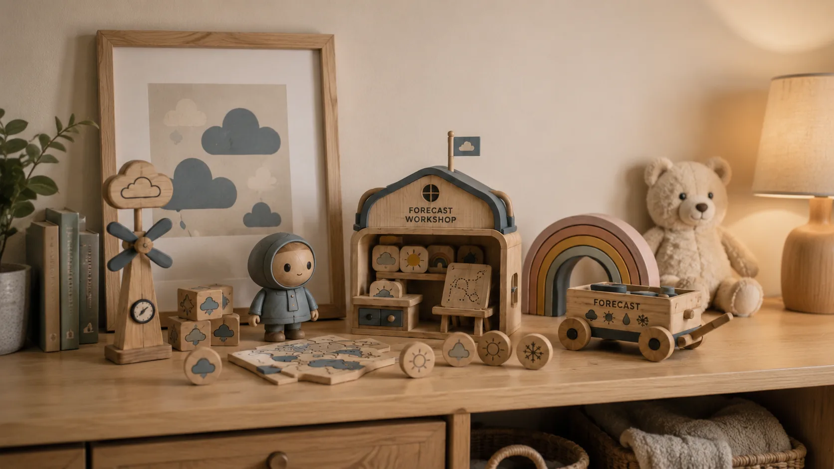 Cloud Cartographers toy world arranged in a warm nursery shelf vignette