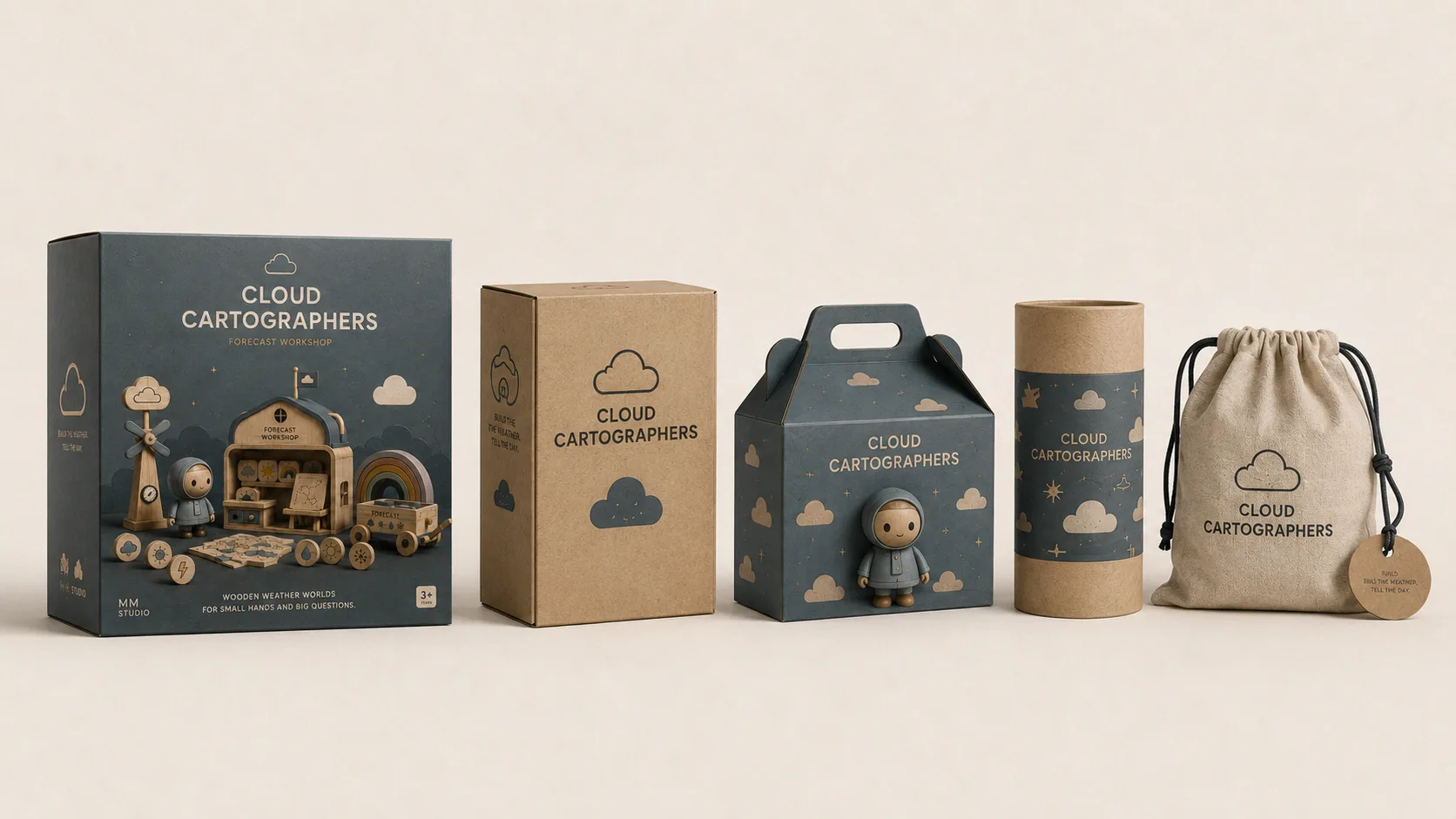 Cloud Cartographers packaging archive with retail boxes, kraft package, handled carton, tube, and fabric drawstring bag