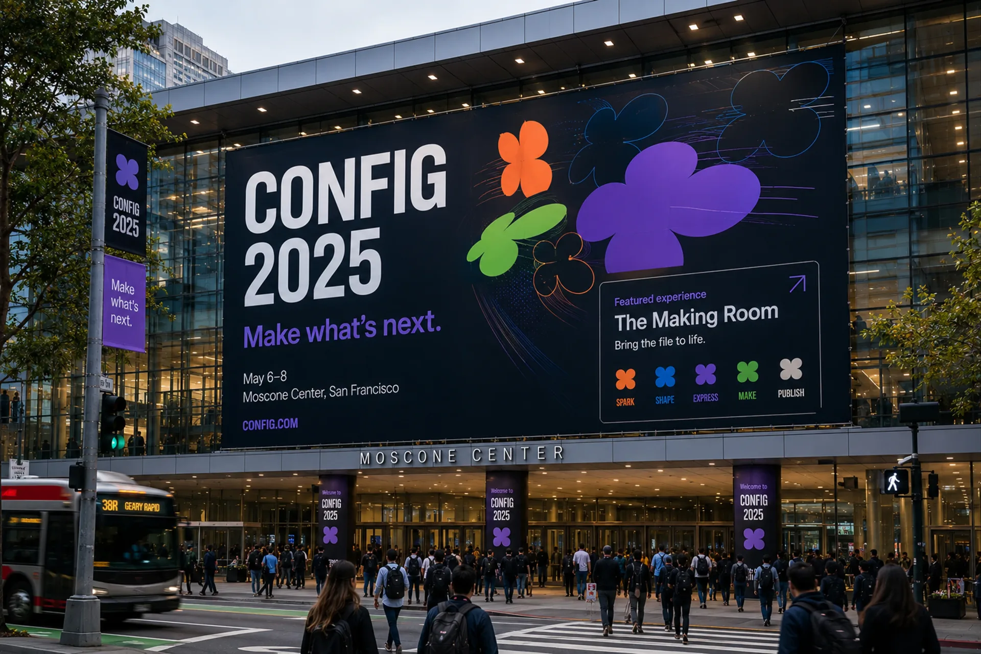 Config 2025 exterior facade with large event graphics and The Making Room signage