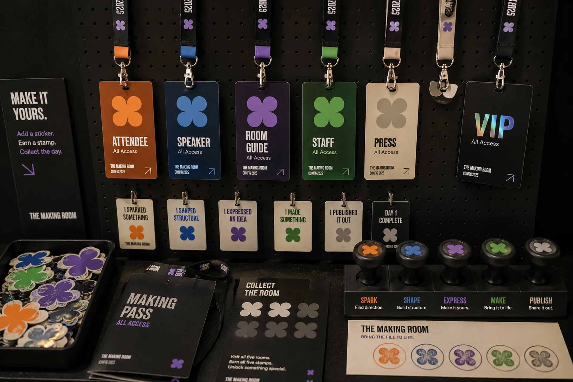 Config 2025 credential kit with attendee, speaker, room guide, staff, press, and VIP badges