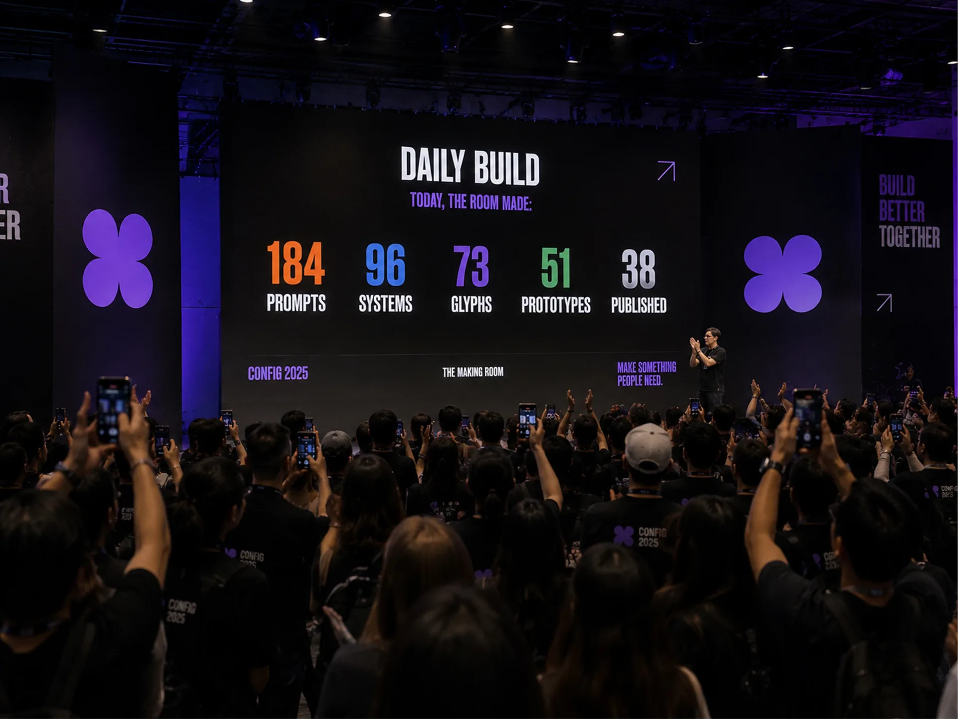 Config 2025 Daily Build stage screen with counts for prompts, systems, layers, prototypes, and published work