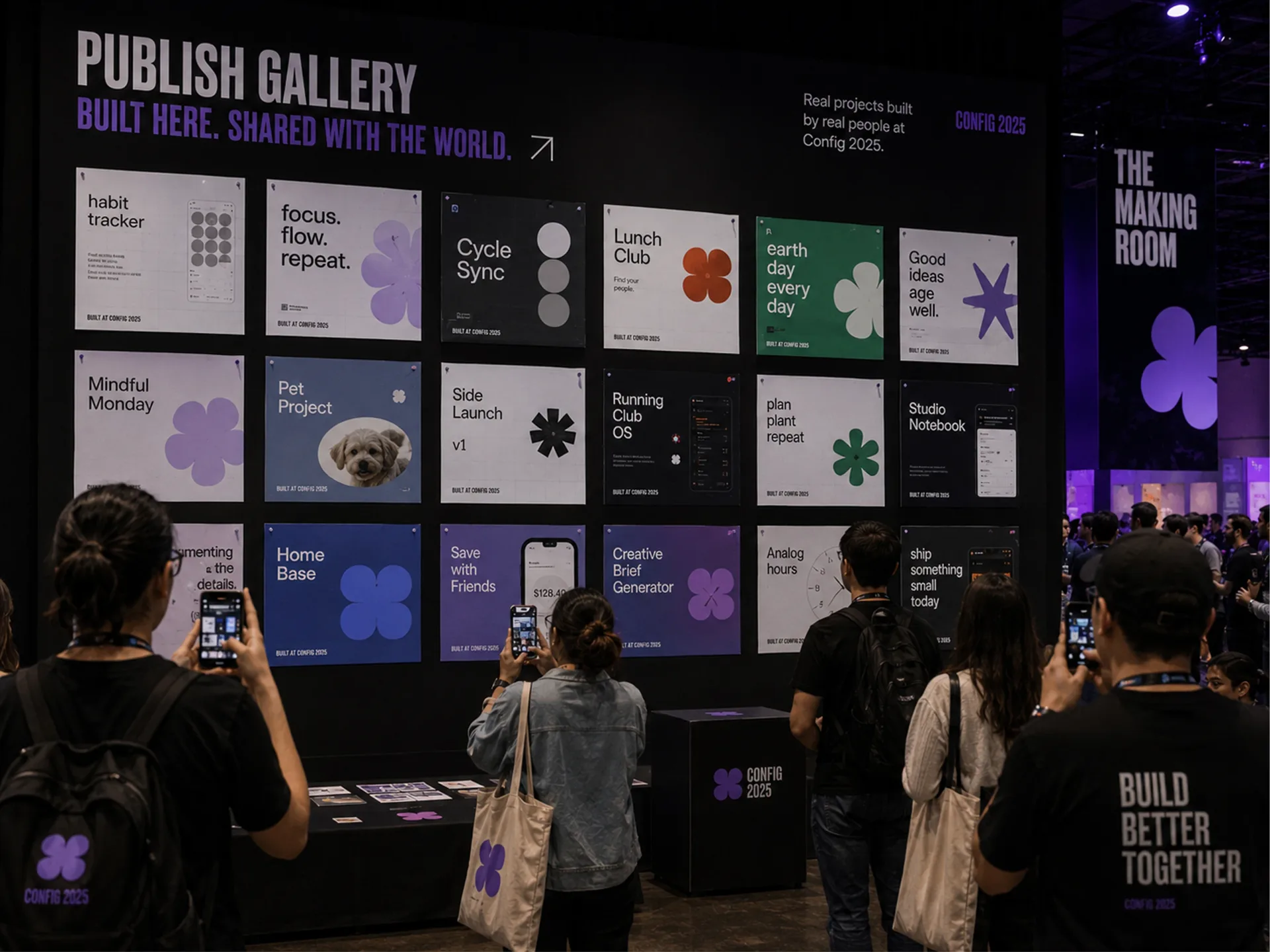 Config 2025 Publish Gallery wall showing participant outputs and visitors photographing the work