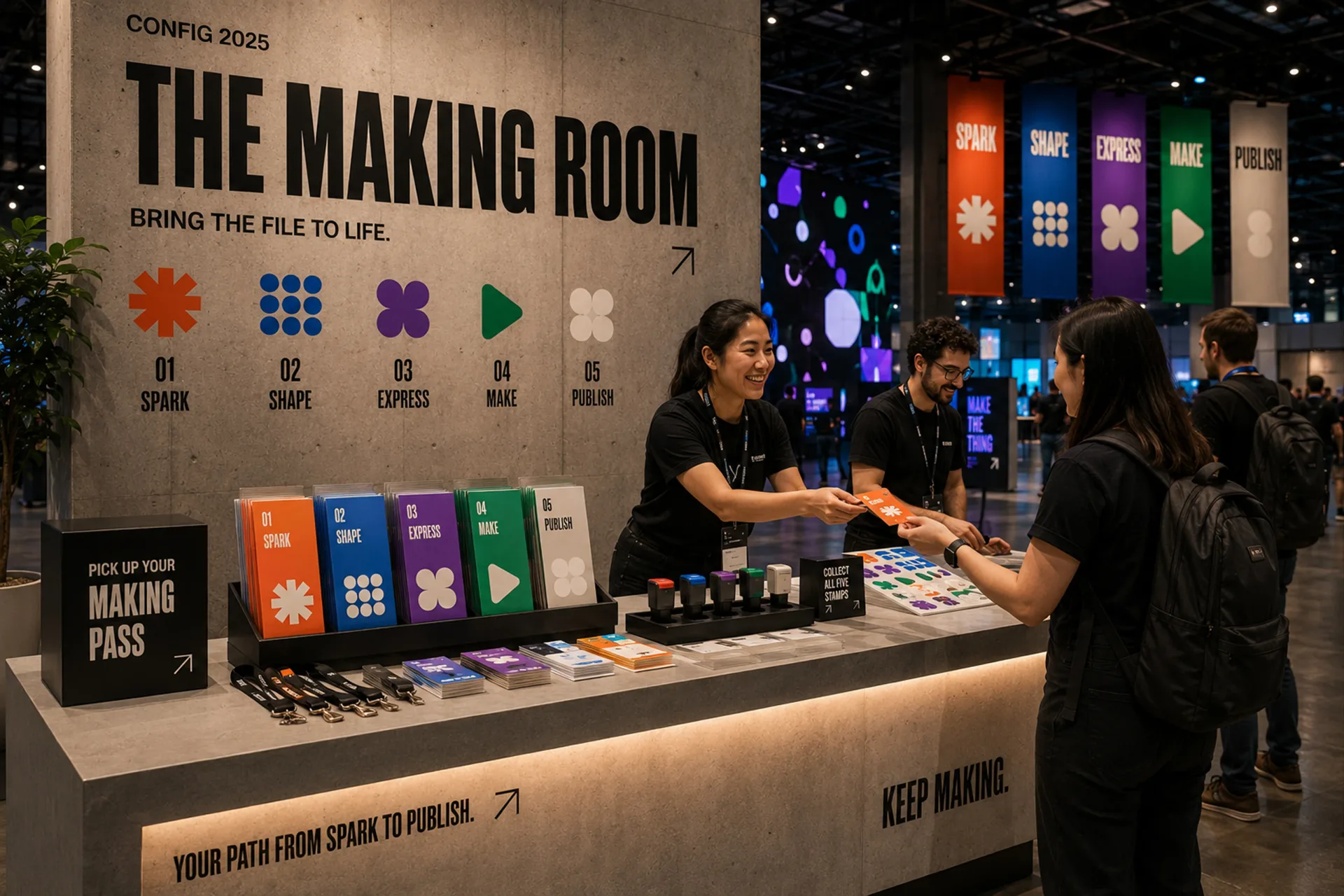 Config 2025 Making Room welcome counter with color-coded activity panels and attendee check-in
