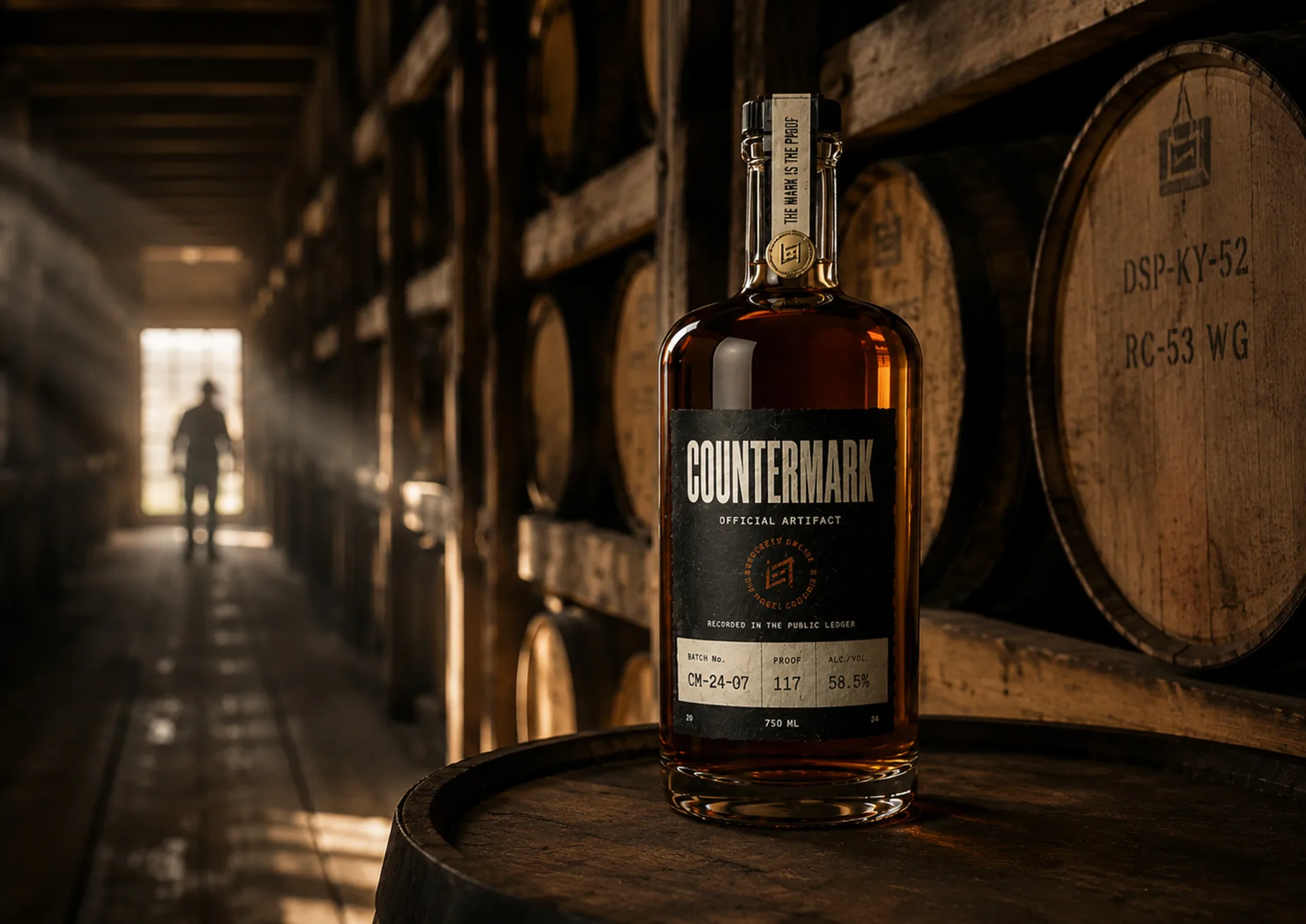 Countermark bottle staged beside barrels in a dim barrel room