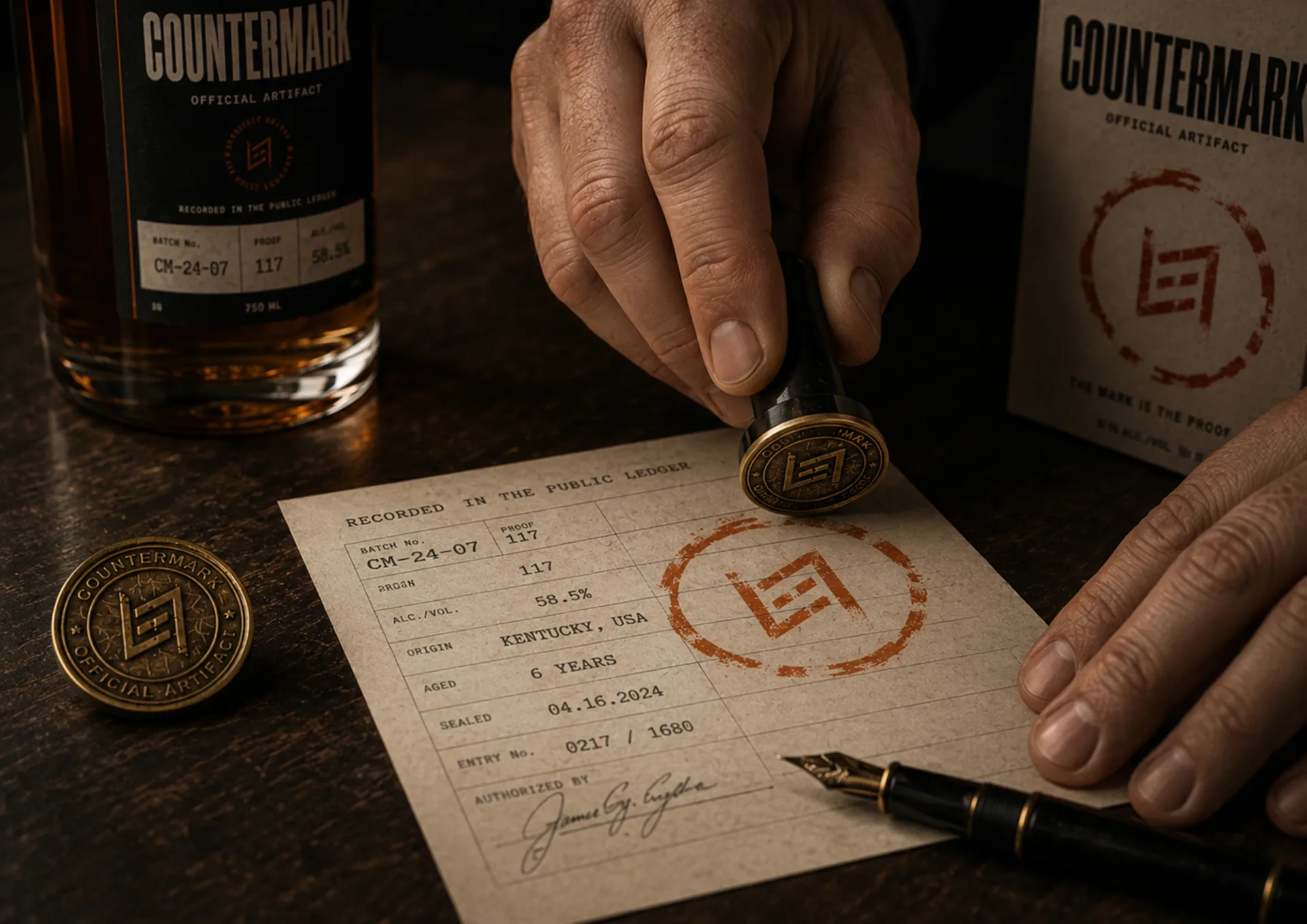 Countermark paper ledger being stamped beside bottle, package, pen, and metal proof coin