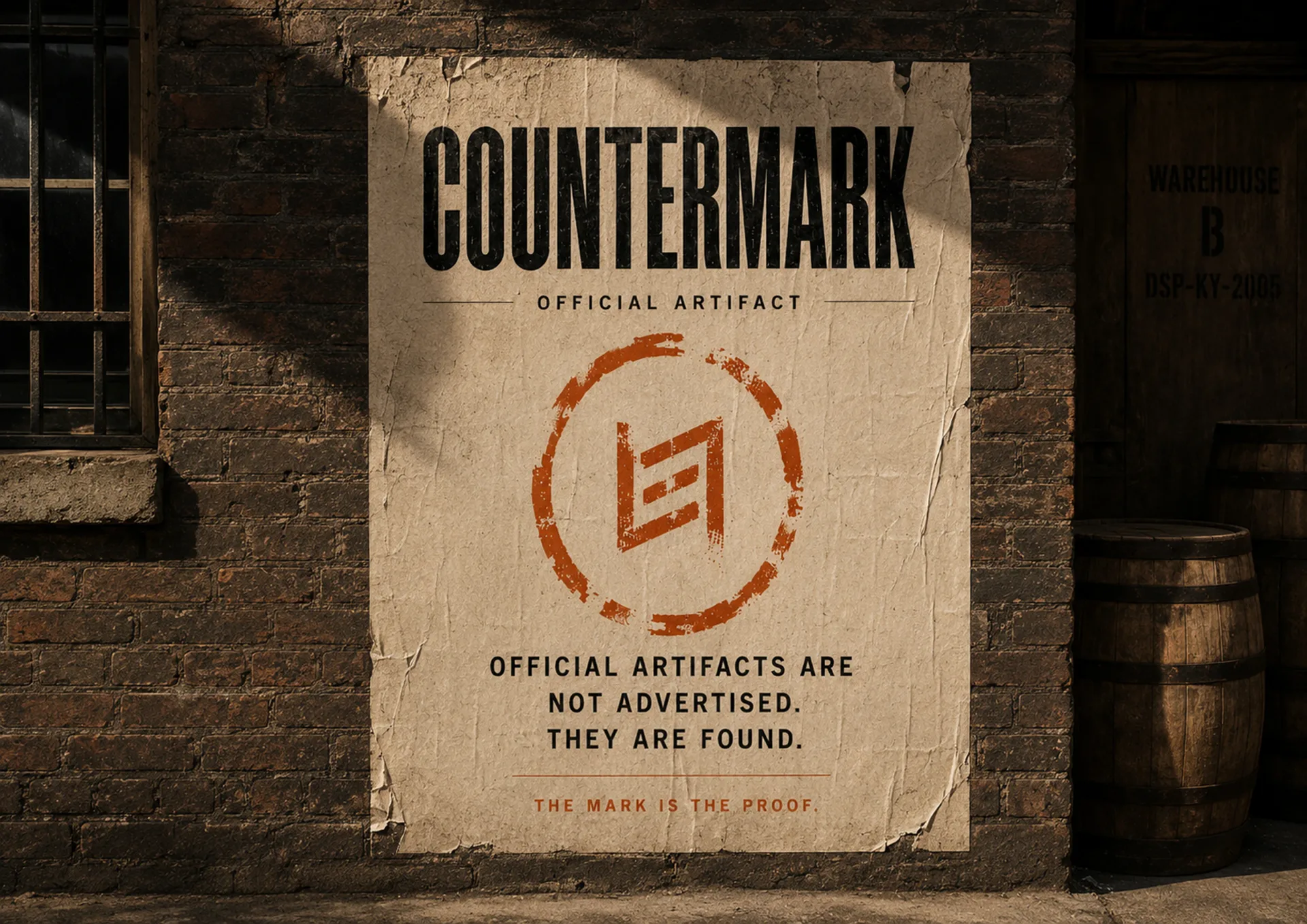 Countermark wall poster with stamped proof mark on a brick exterior