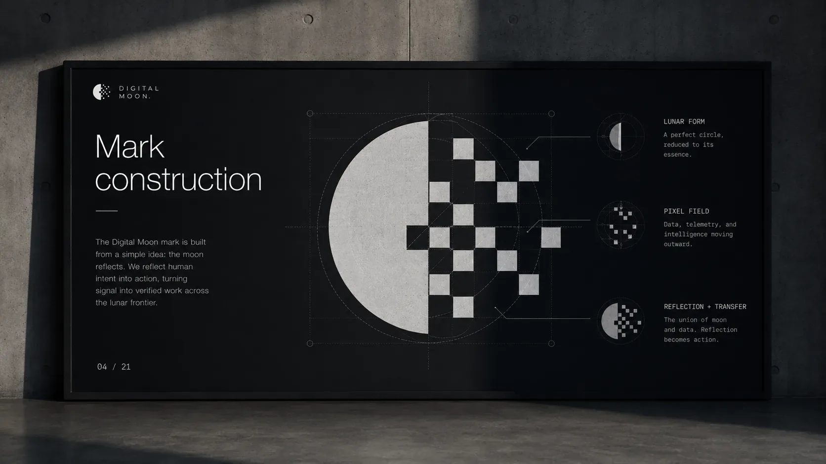 Digital Moon mark construction board showing a moon shape resolving into a pixel field with lunar form, data, telemetry, and reflection notes