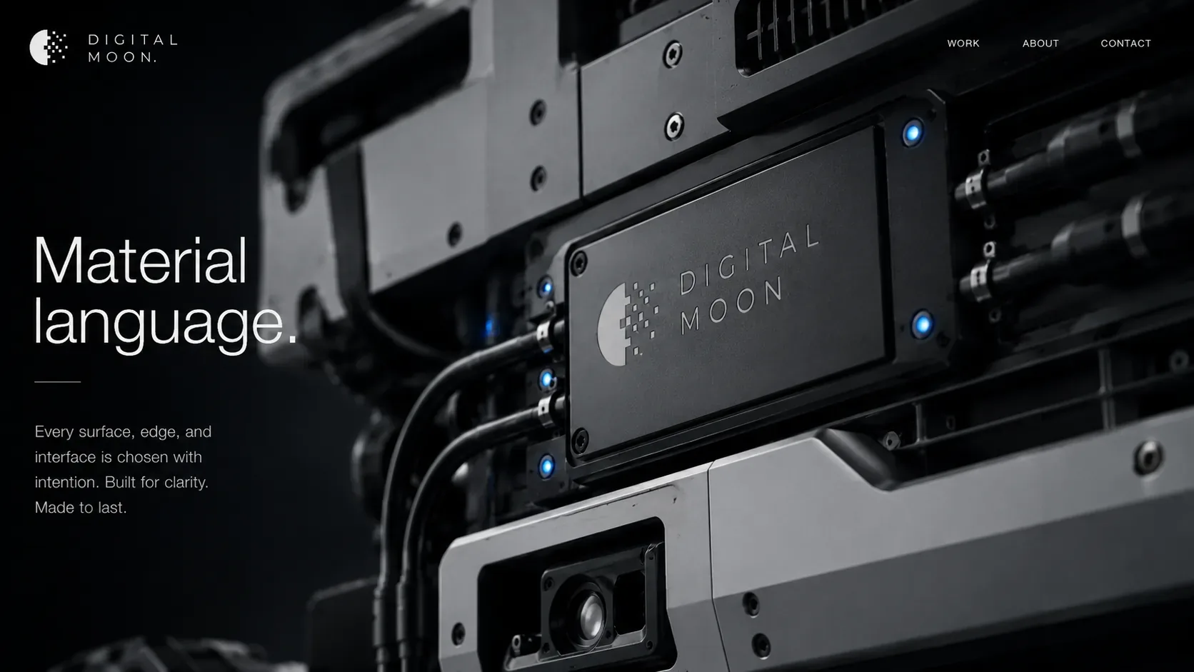 Digital Moon branded robotics hardware panel with engraved logo, dark material surface, cables, screws, and blue indicator lights