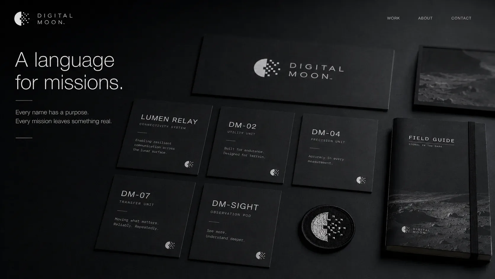 Digital Moon mission language kit with name cards, Lumen Relay, DM-02, DM-04, DM-07, DM-Sight, patch, and field guide