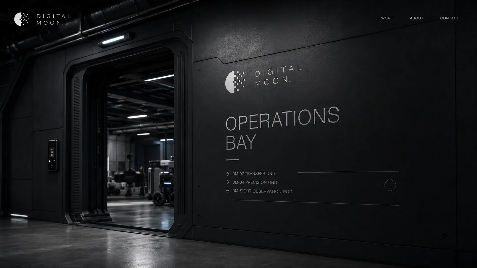 Digital Moon operations bay wall signage with logo, bay label, arrows to DM-07, DM-04, and DM-Sight, and robotics visible through the doorway
