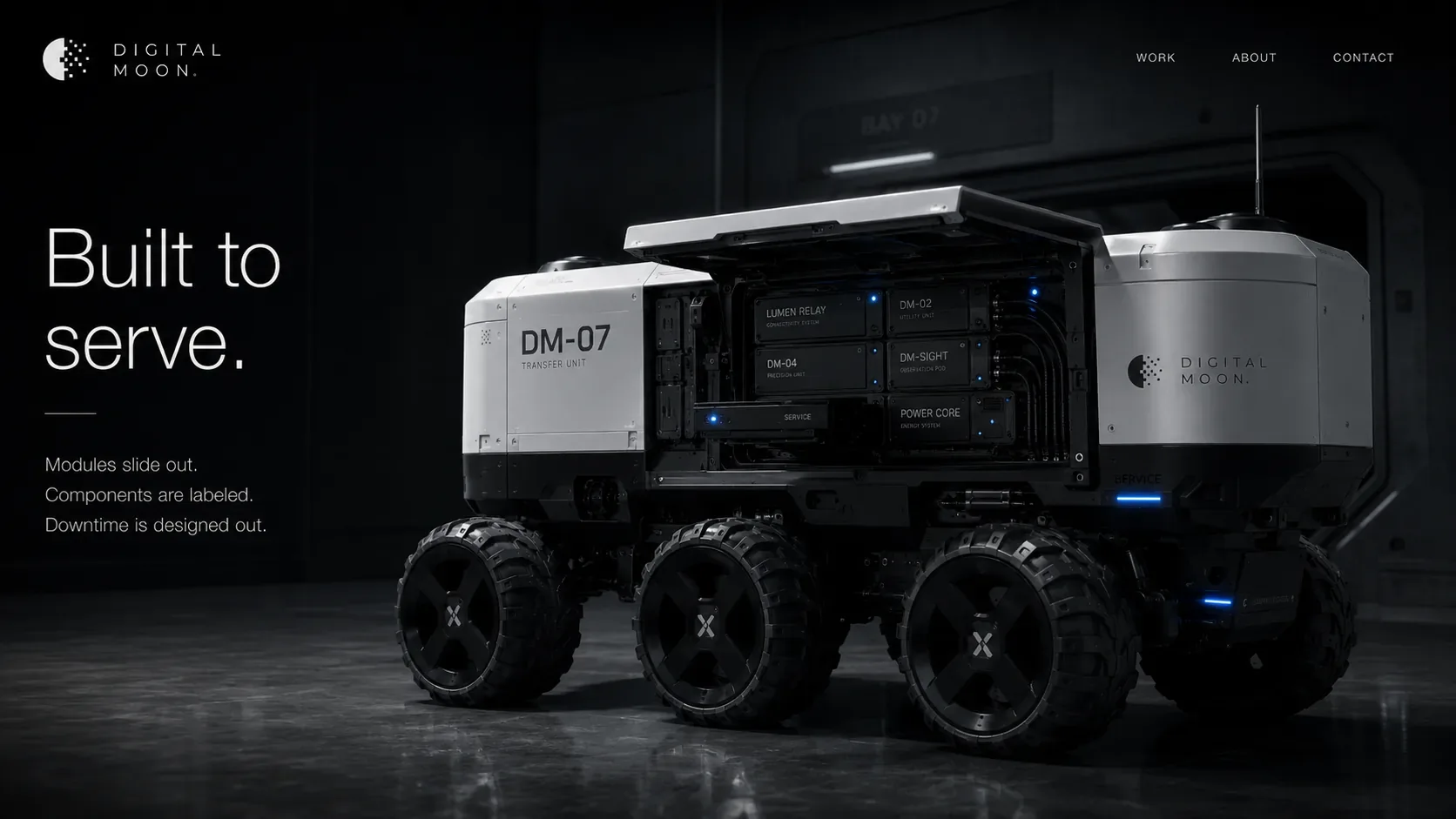 Digital Moon DM-07 transfer unit with service panel open, labeled modules, power core, communications units, and blue operational lights