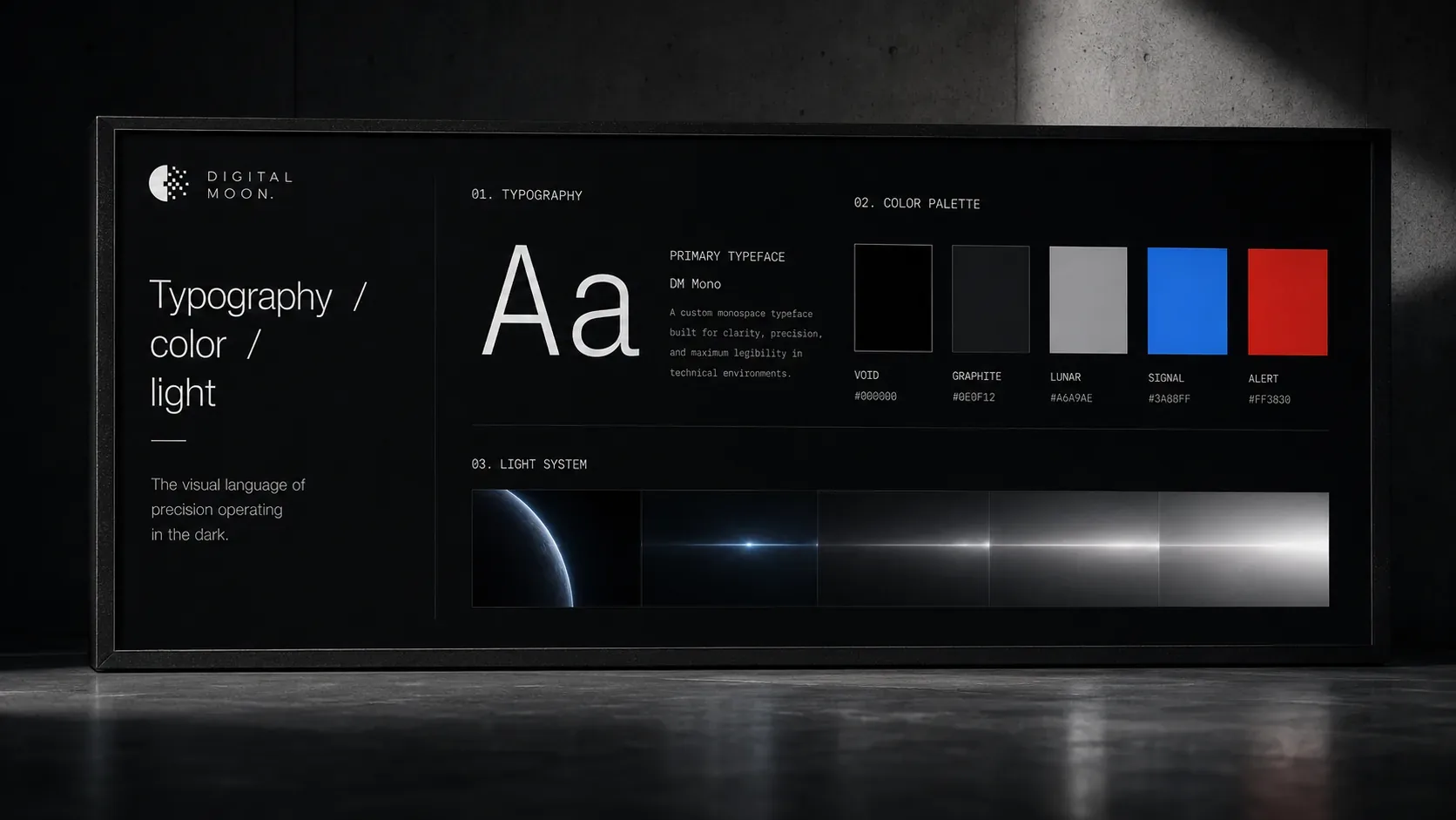 Digital Moon typography, color, and light system board with monochrome type, color chips, and horizontal light assets