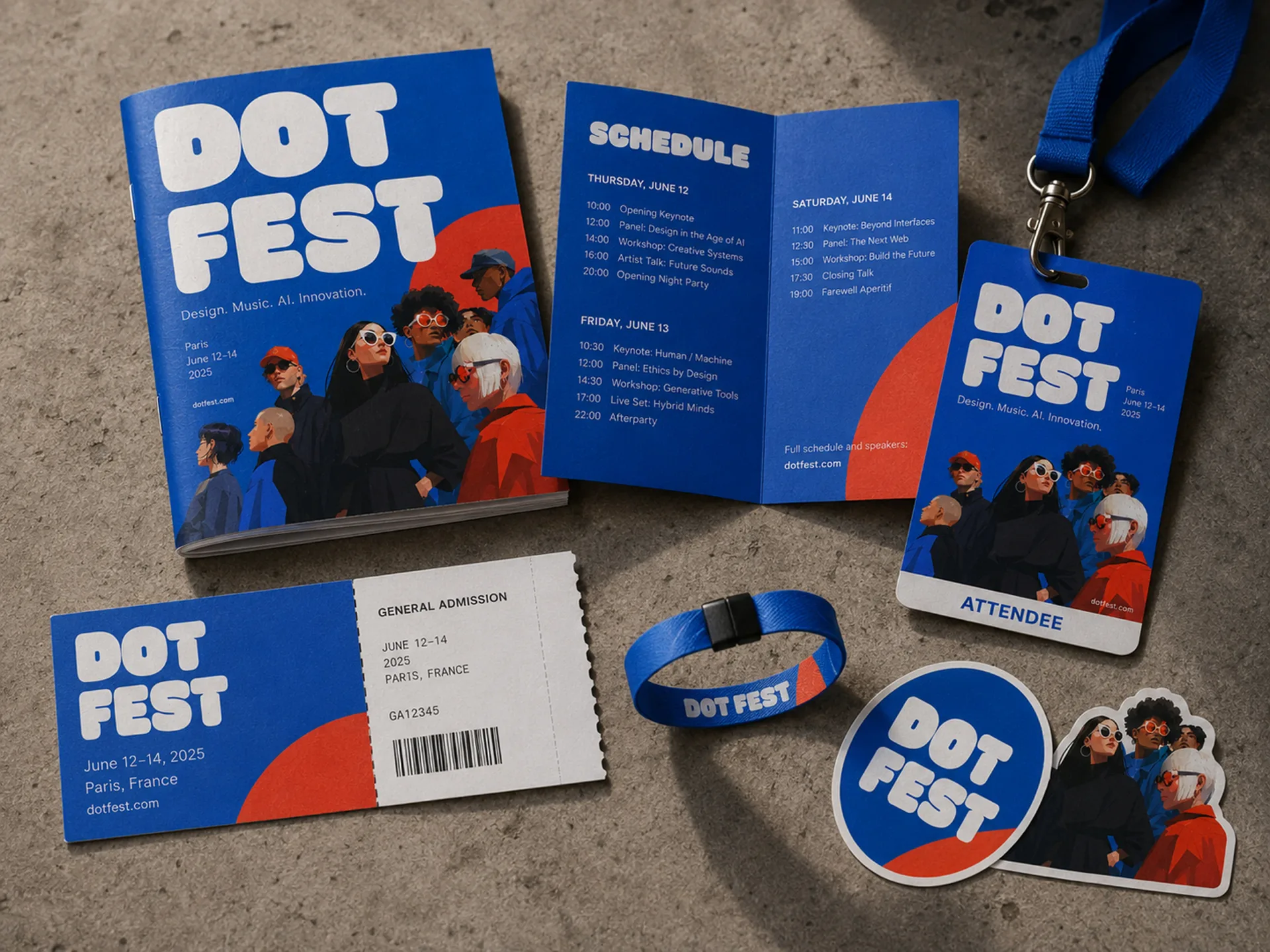 Dot Fest attendee kit with folded program, ticket, wristband, sticker, pin, and badge
