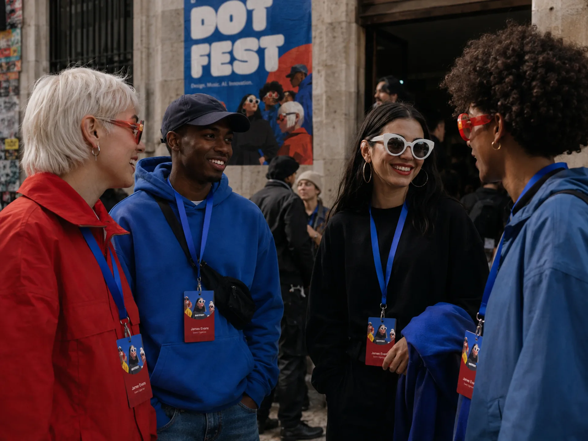 Dot Fest attendees wearing badges and talking outside a Paris venue with a festival poster behind them