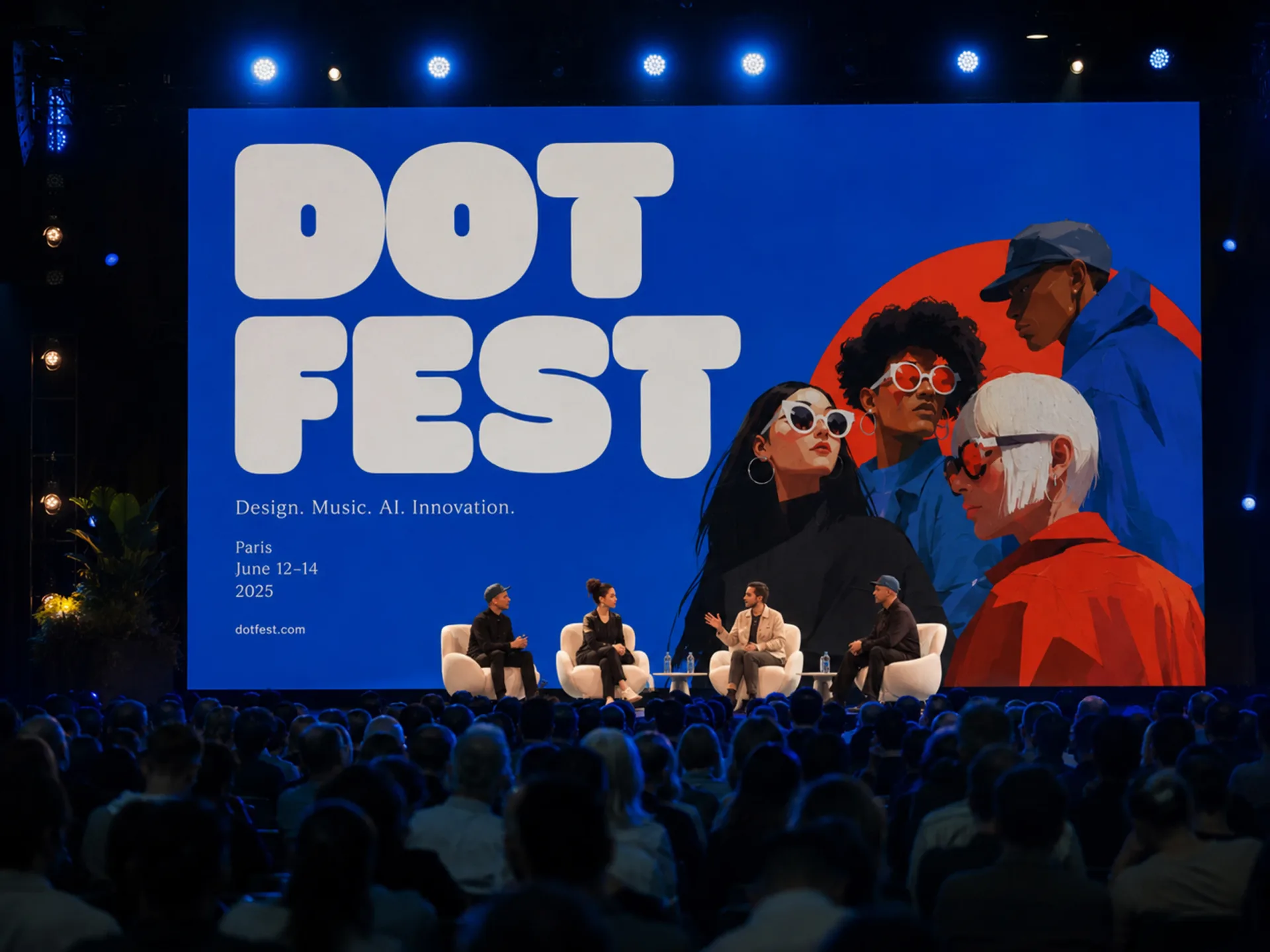 Dot Fest main stage with large blue festival graphics behind panel speakers and an audience