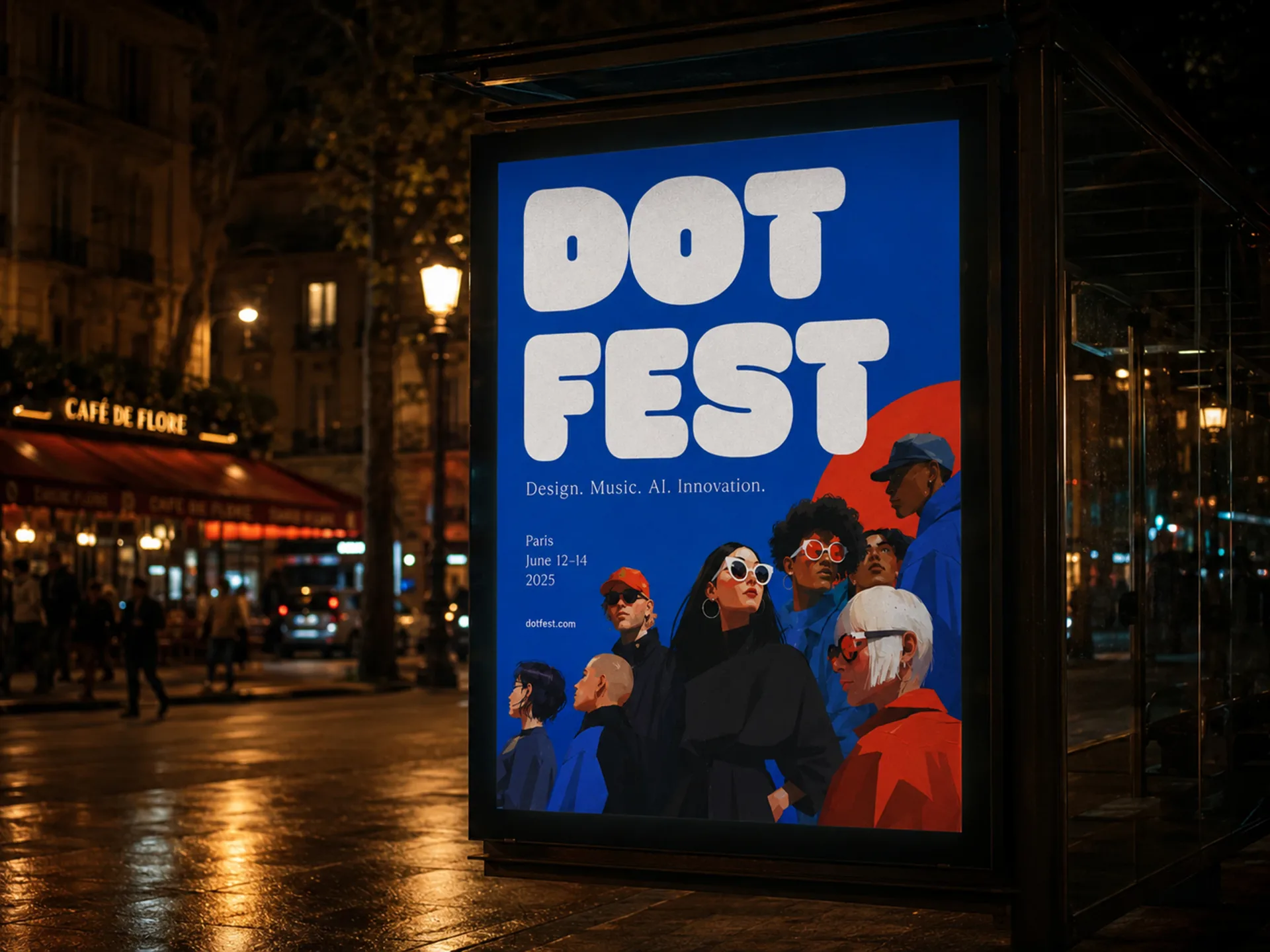Dot Fest illuminated poster kiosk on a rainy Paris street at night