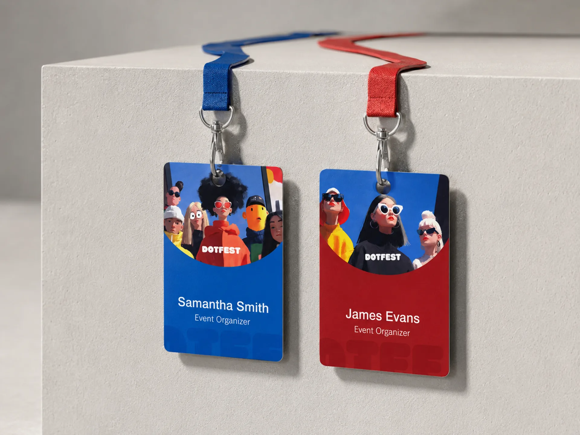 Dot Fest staff badges with blue and red lanyards on a neutral wall