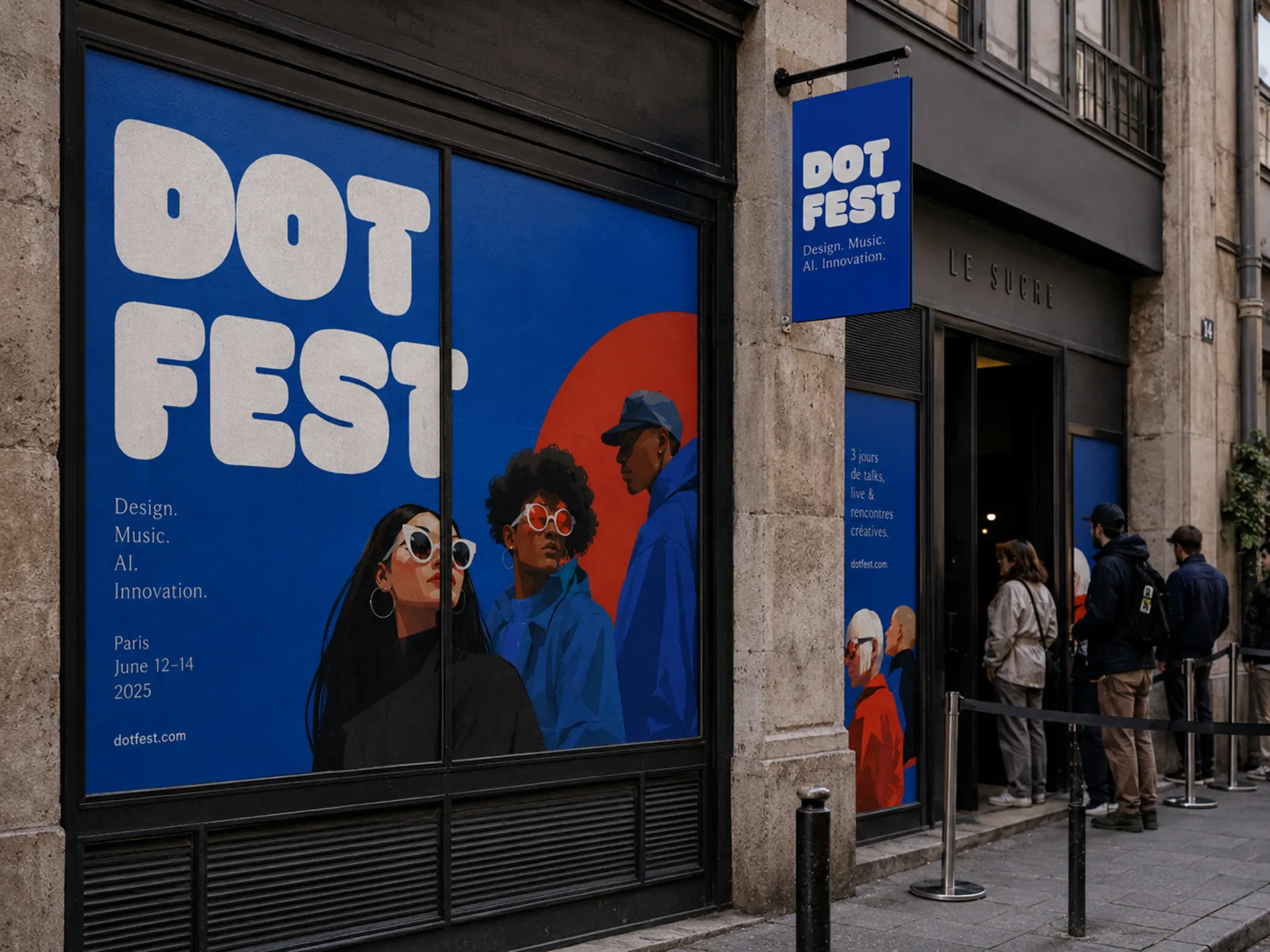 Dot Fest storefront takeover with a blue window poster and matching hanging sign