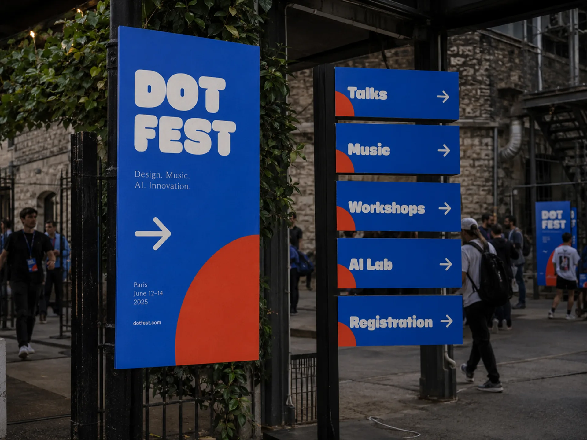 Dot Fest wayfinding signs in Paris pointing to talks, music, workshops, AI labs, and registration