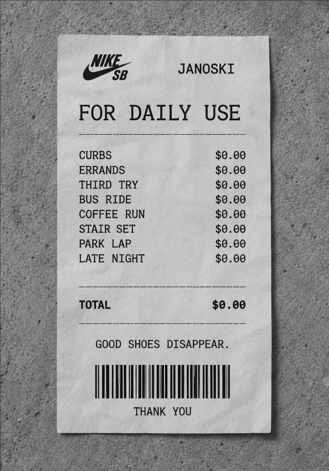 For Daily Use receipt poster listing everyday moments with zero dollar totals