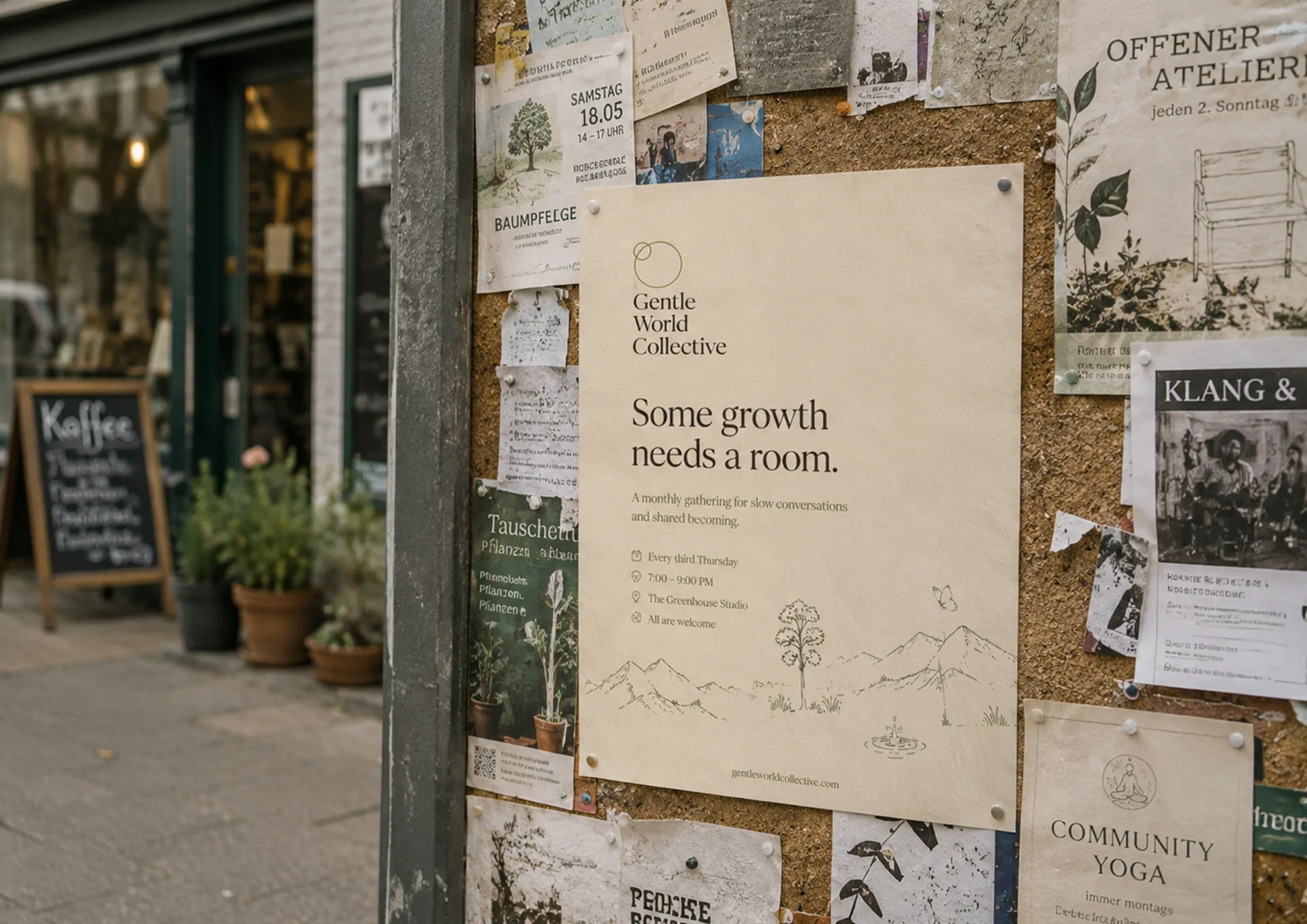 Gentle World Collective community poster on a neighborhood notice board