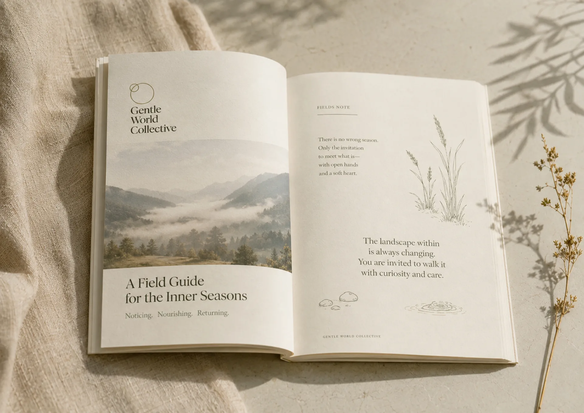 Gentle World Collective open field guide with landscape imagery, botanical marks, and reflective writing
