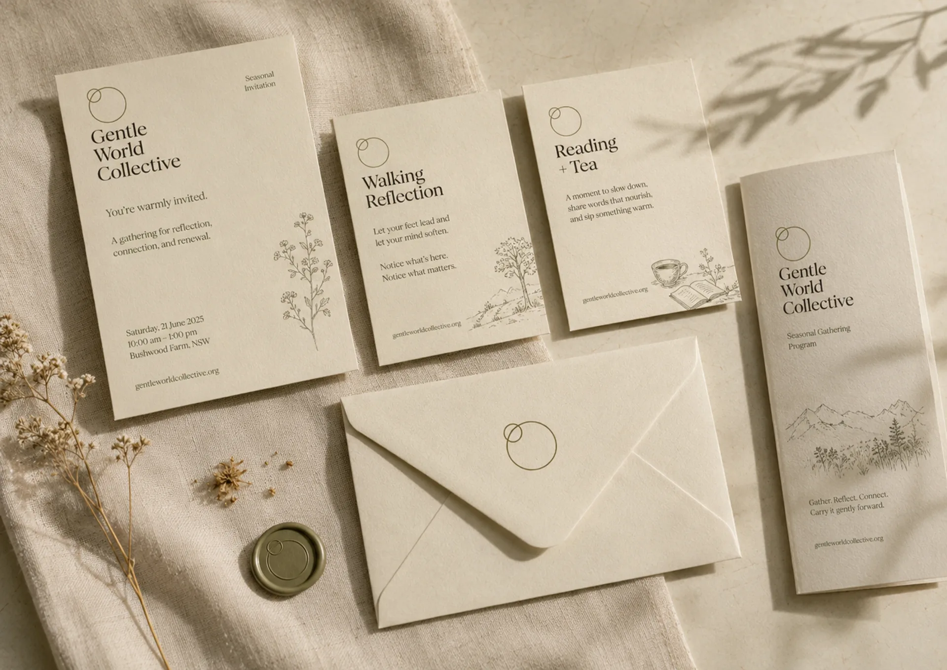 Gentle World Collective stationery system with printed cards, envelope, coin, and takeaway pieces