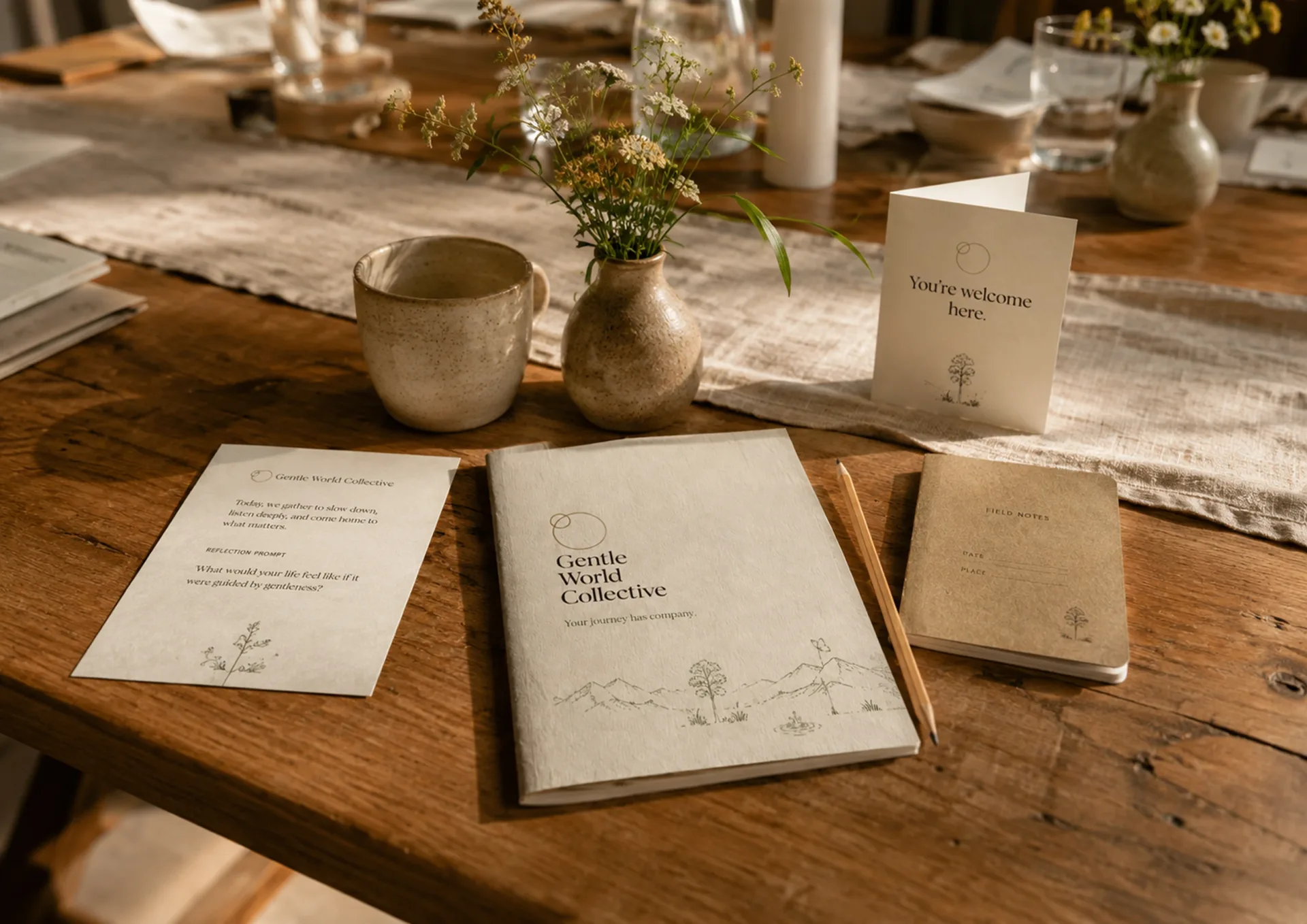 Gentle World Collective welcome table with guide, cards, vessels, flowers, and place materials