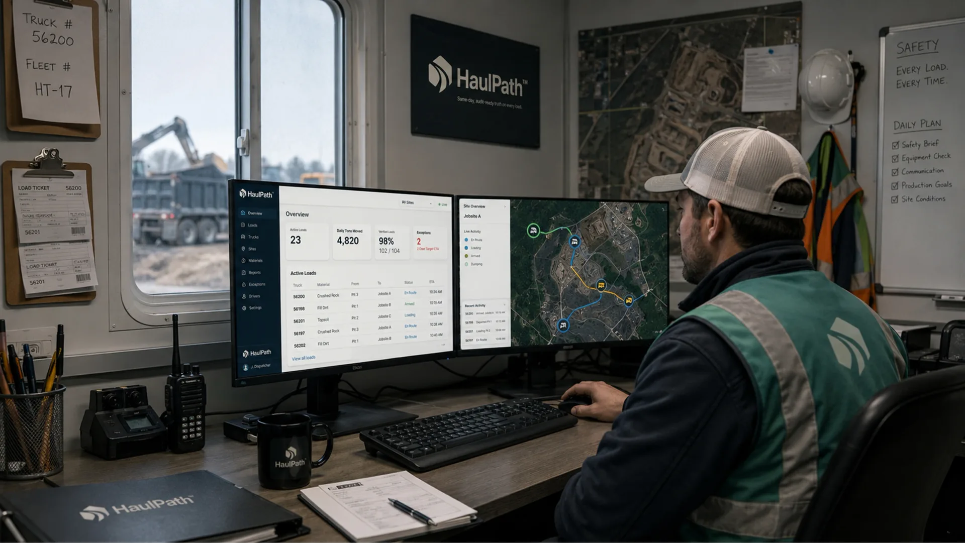 HaulPath dispatch command center with operator, desktop dashboard, map view, hard hat, paperwork, and quarry office