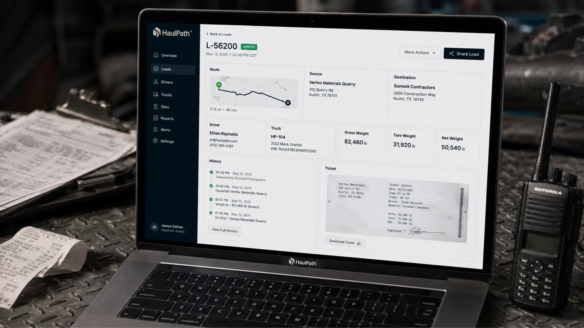 Haulpath product dashboard on a laptop in the field