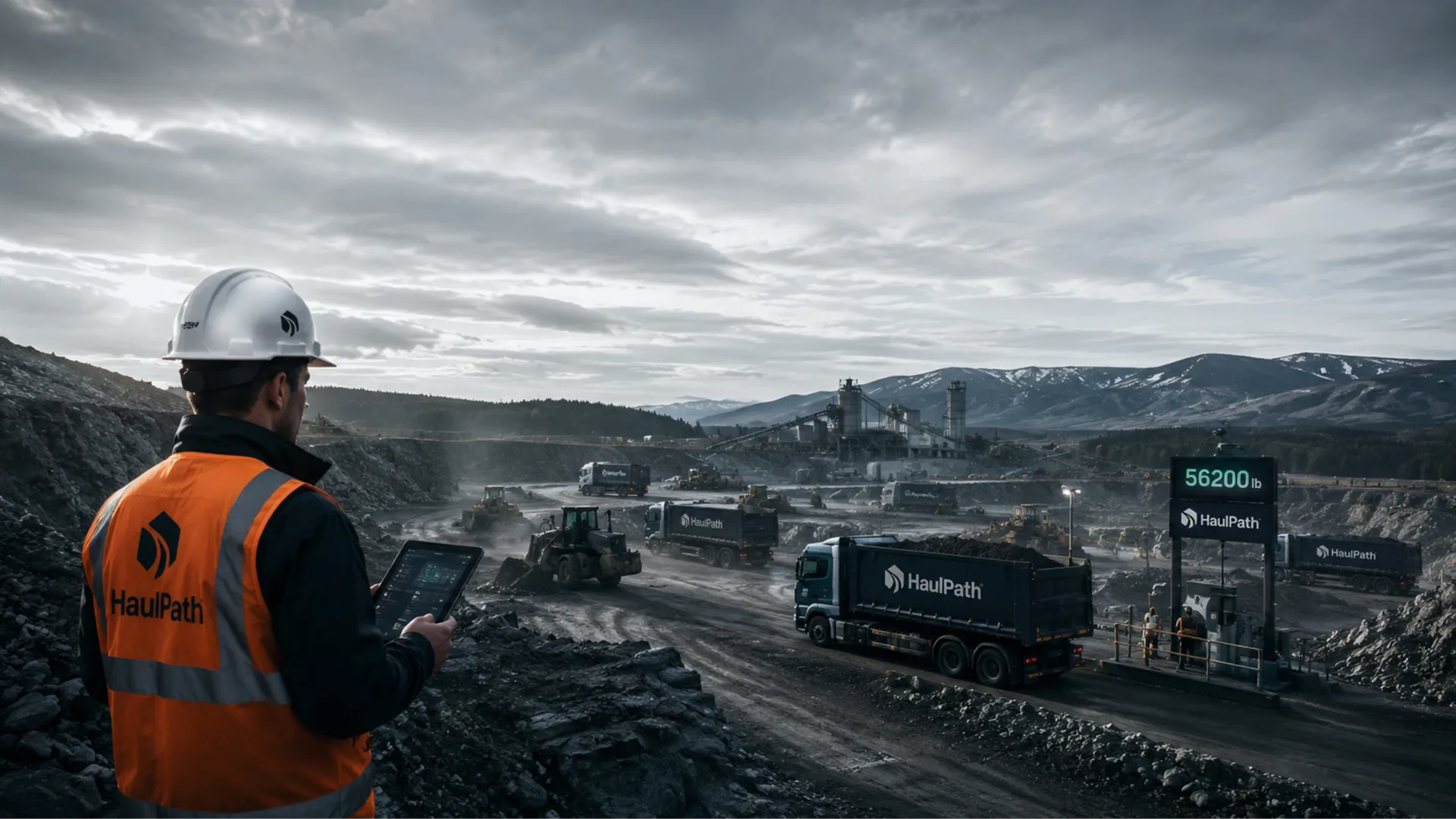 HaulPath quarry operations view with worker, tablet, truck, scale readout, and stormy aggregate site