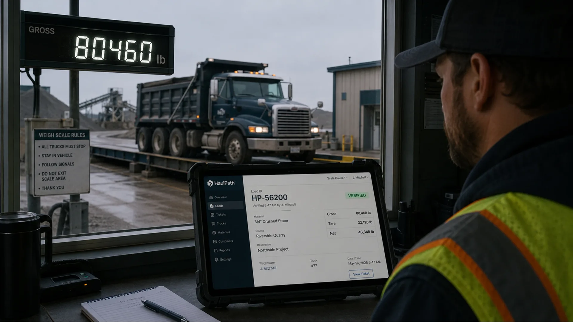 HaulPath scale-house check-in with truck on scale, gross weight display, operator, rugged tablet, and load record