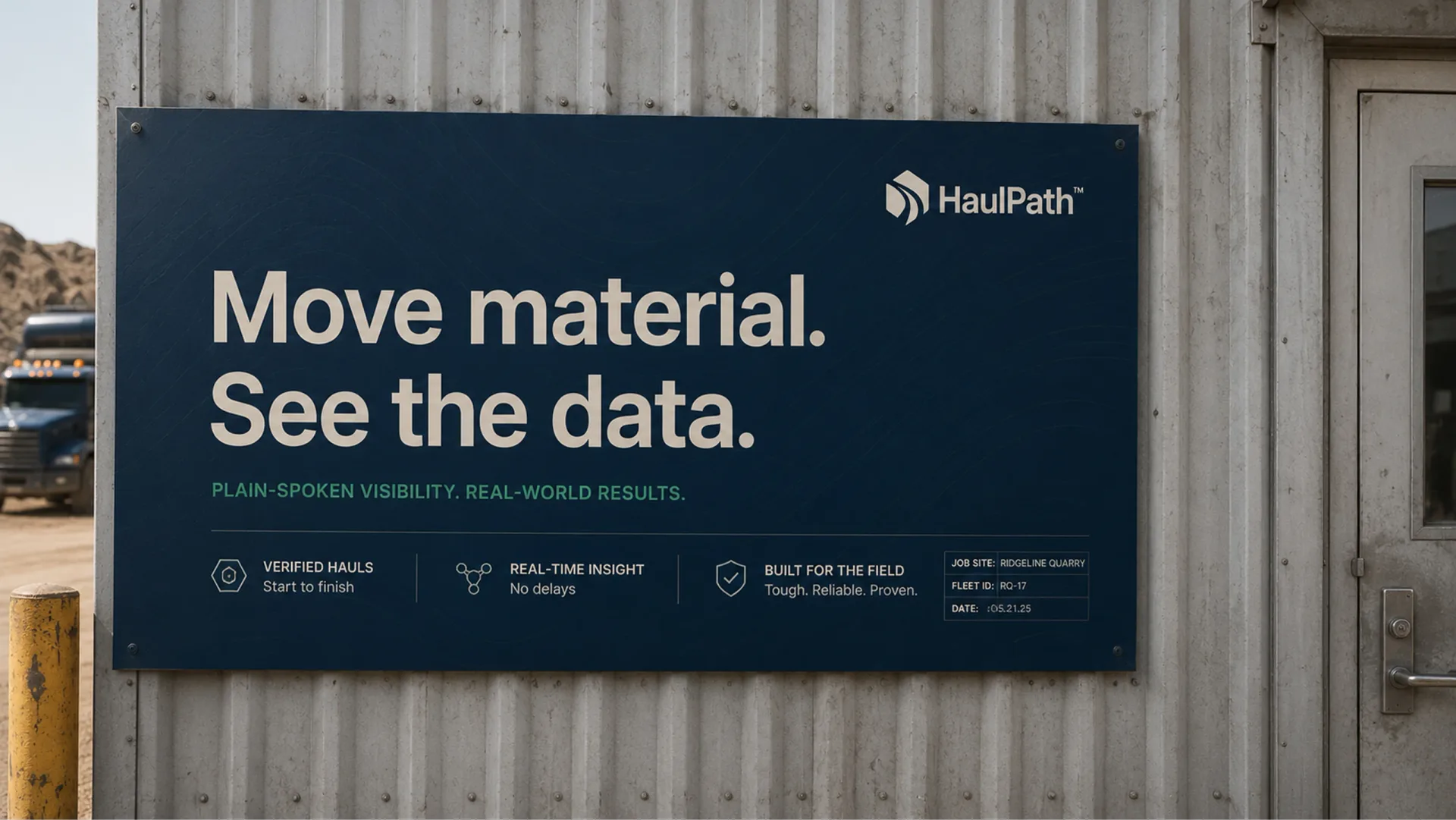 HaulPath yard wall sign reading Move material. See the data. beside a quarry office door