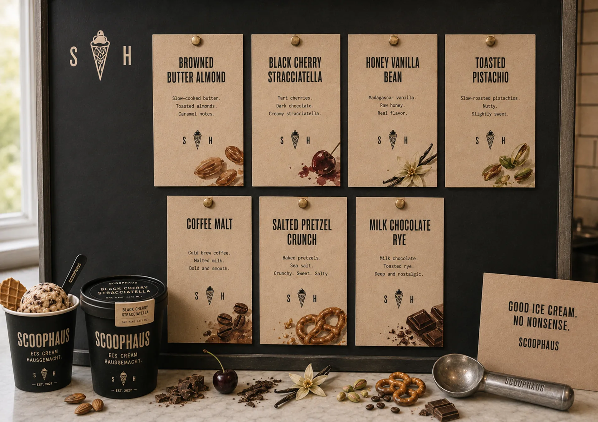 Scoophaus flavor wall with flavor posters, pints, scoops, and packaging materials