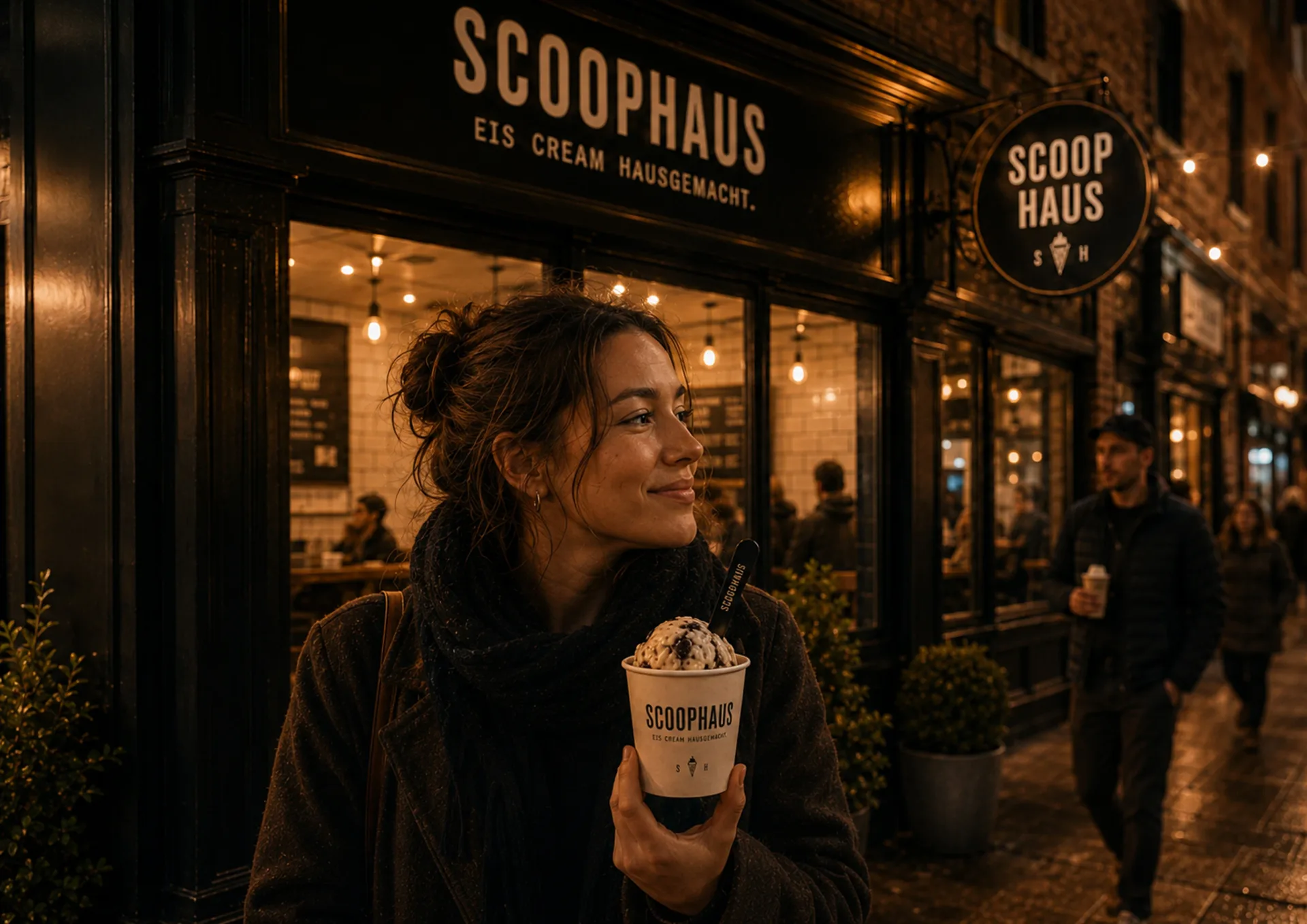 Scoophaus nighttime storefront with a person holding a branded ice cream cup outside the shop