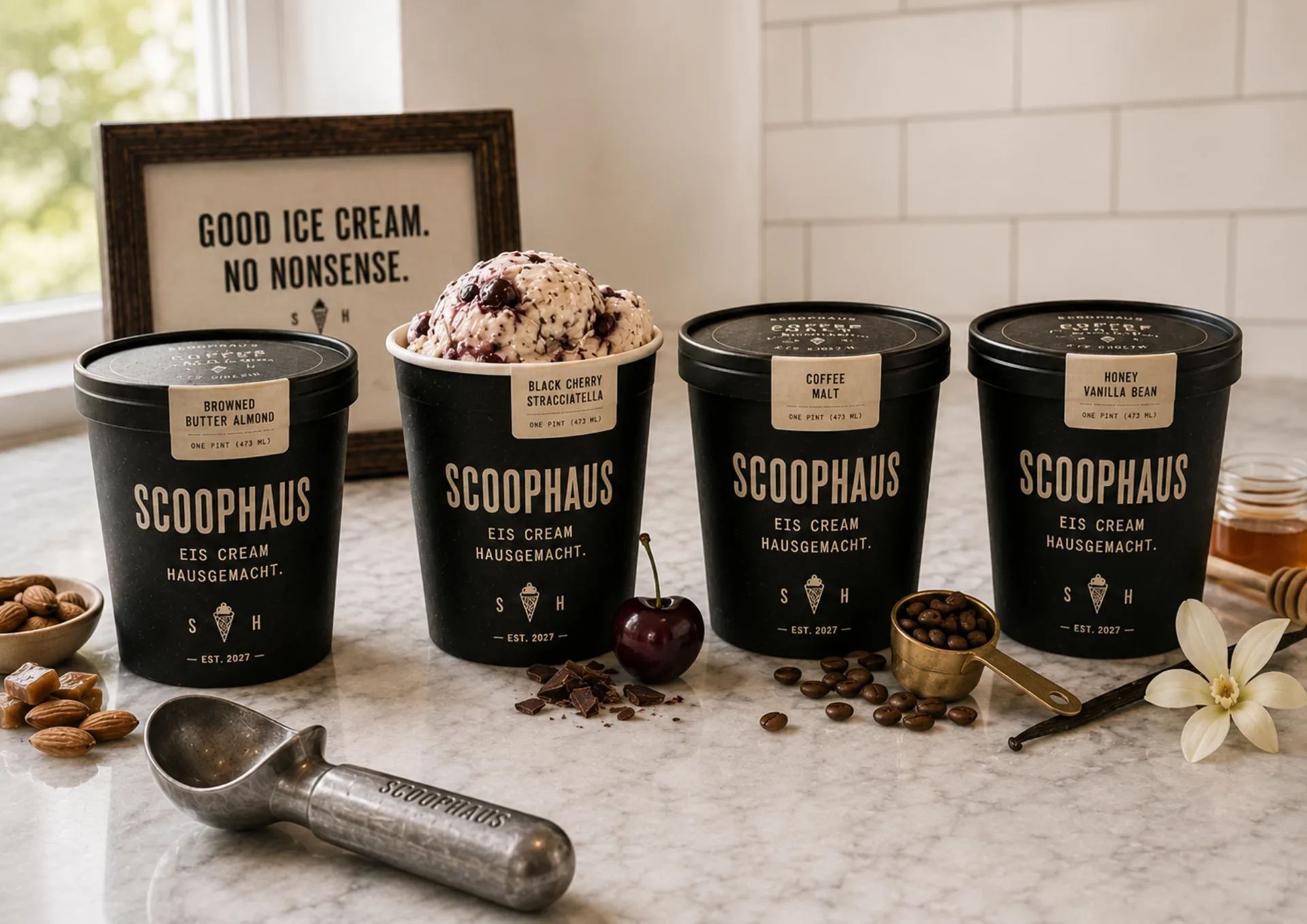 Scoophaus pint family with multiple black pint containers, ingredients, scoop, and brand packaging