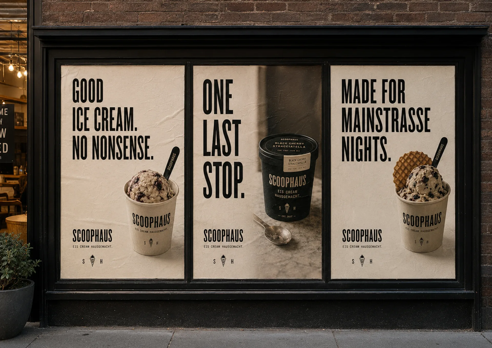 Scoophaus three-panel poster series with ice cream messages and cup imagery