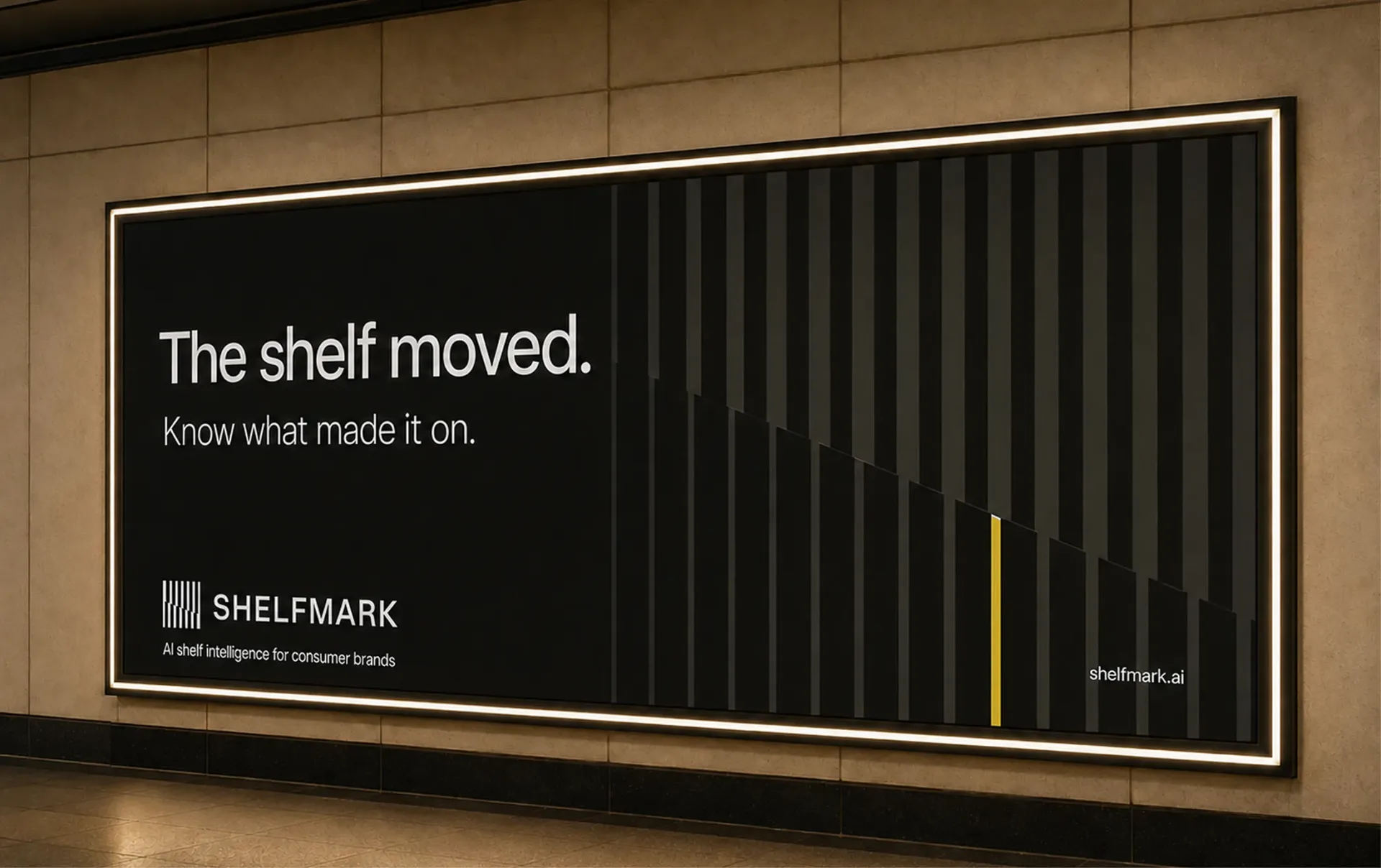 Shelfmark illuminated wall billboard with the headline The shelf moved, Know what made it on