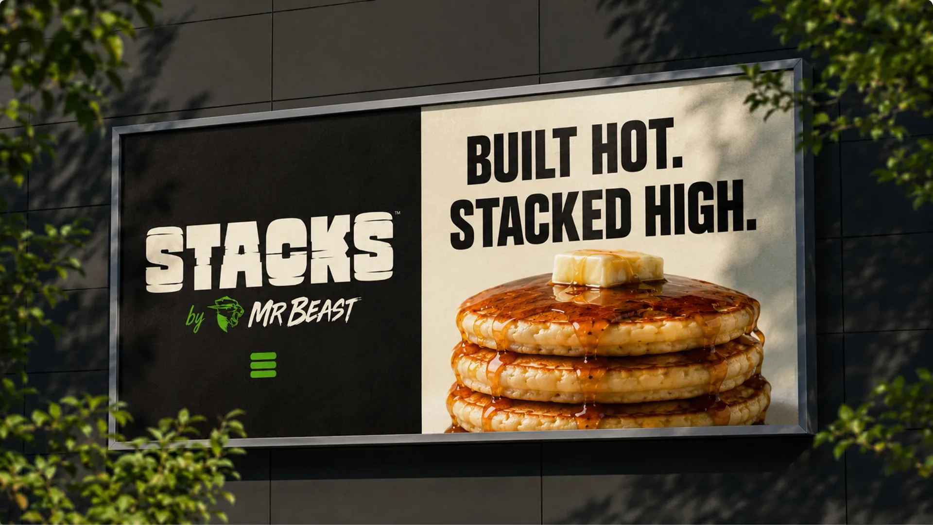 Stacks by MrBeast billboard with pancake photography and Built Hot Stacked High campaign copy