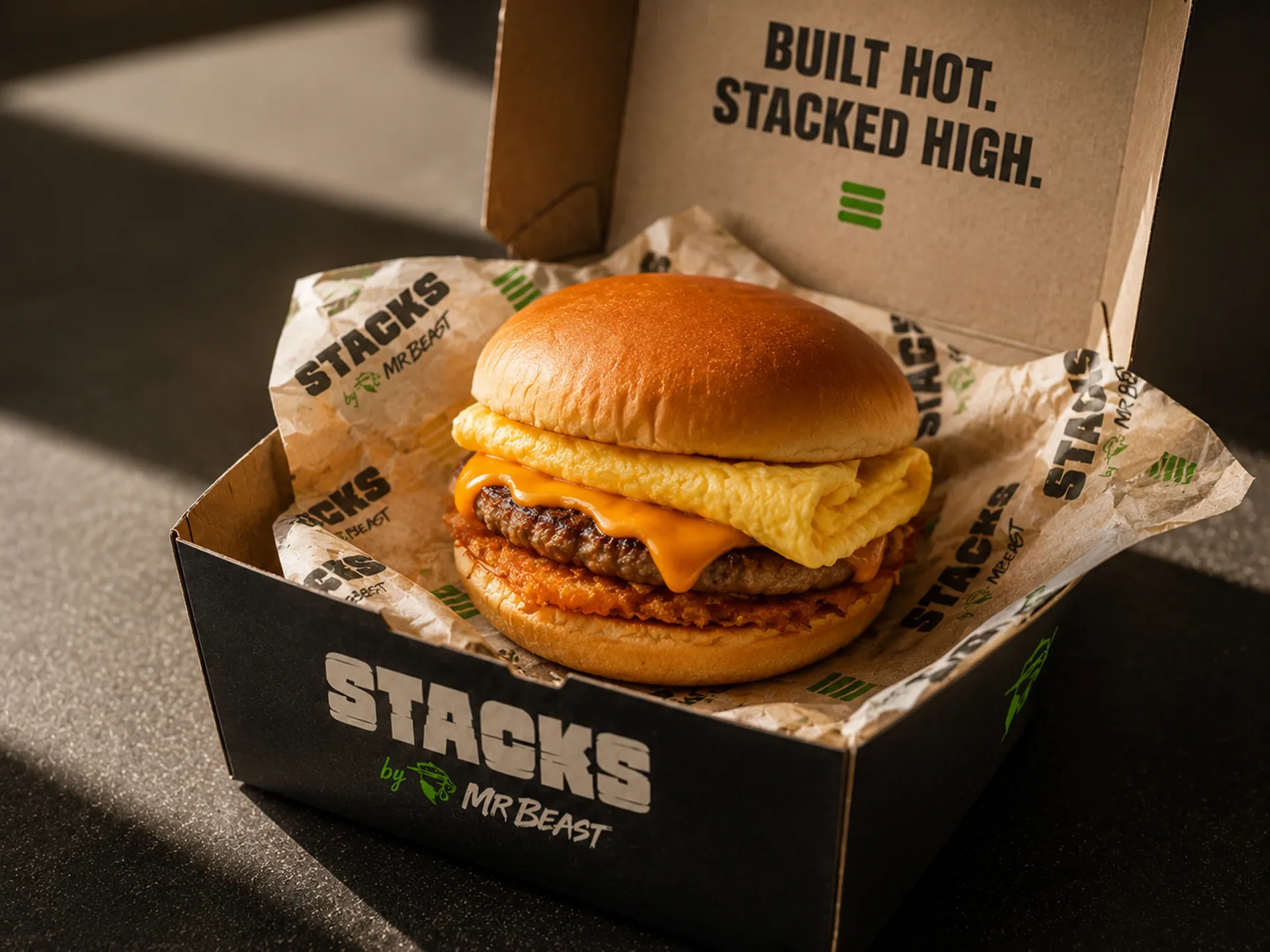 Stacks breakfast sandwich in a black takeout box with branded wrap and built hot stacked high lid copy