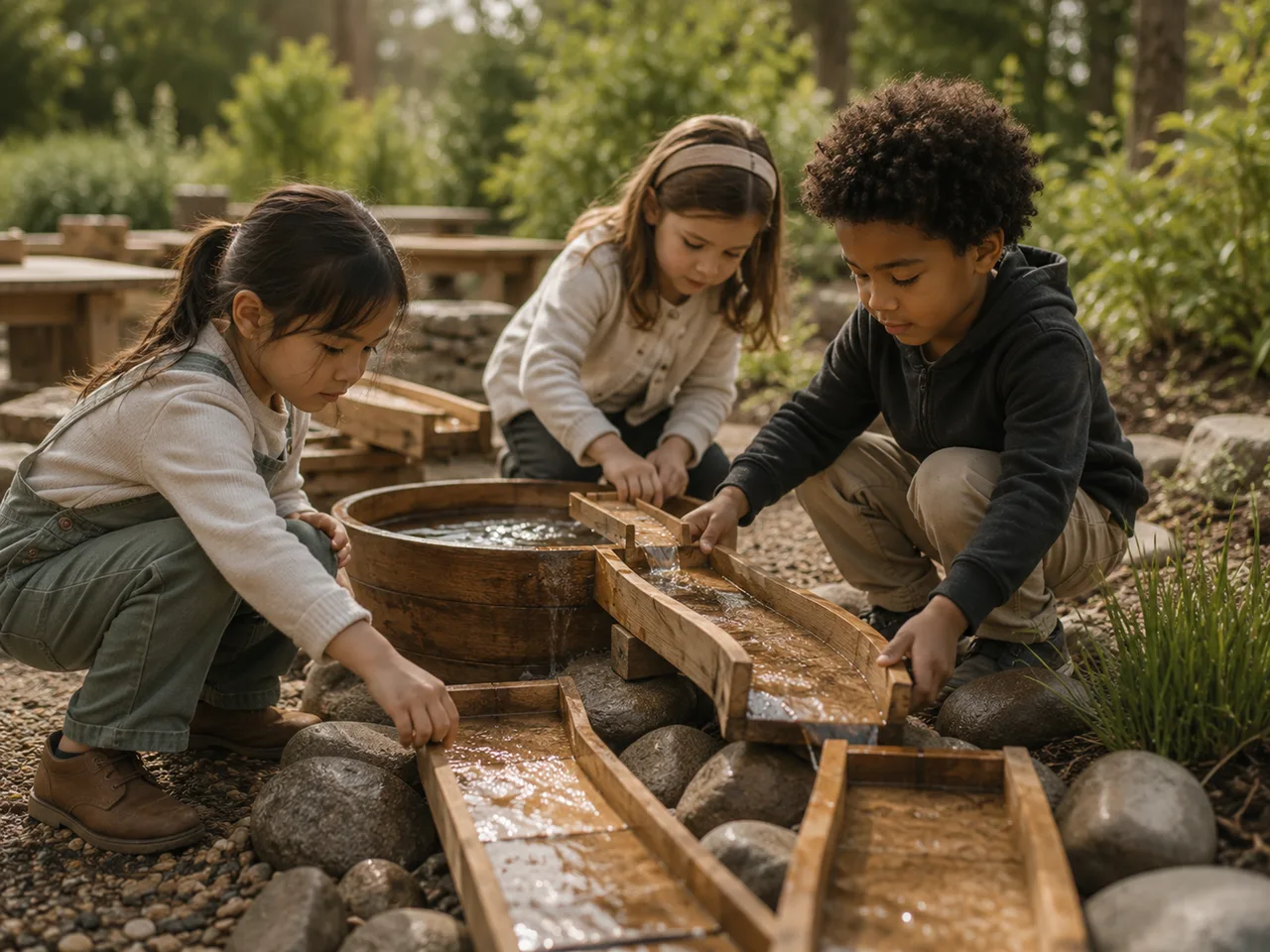 The Bilton School — Children directing water through wooden troughs in an outdoor prepared environment