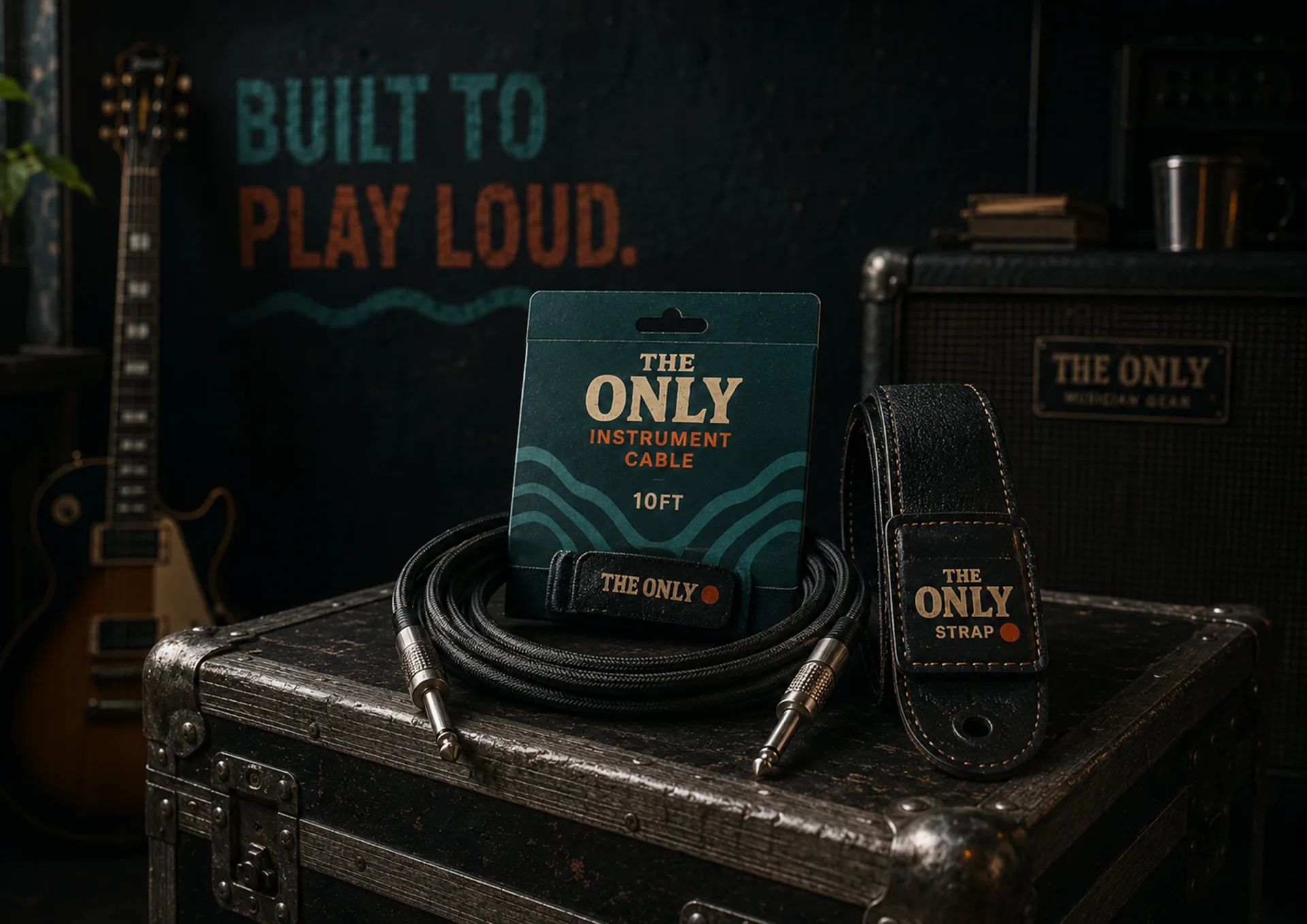 The Only instrument cable and guitar strap on a worn road case with amplifier and guitar