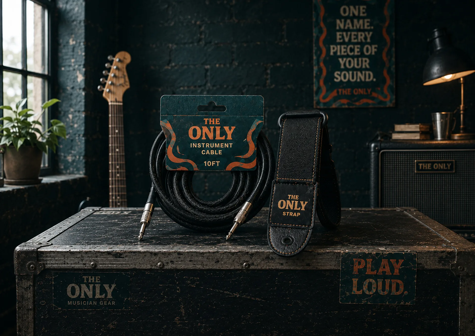 The Only cable and guitar strap kit arranged on a road case with amplifier and guitar