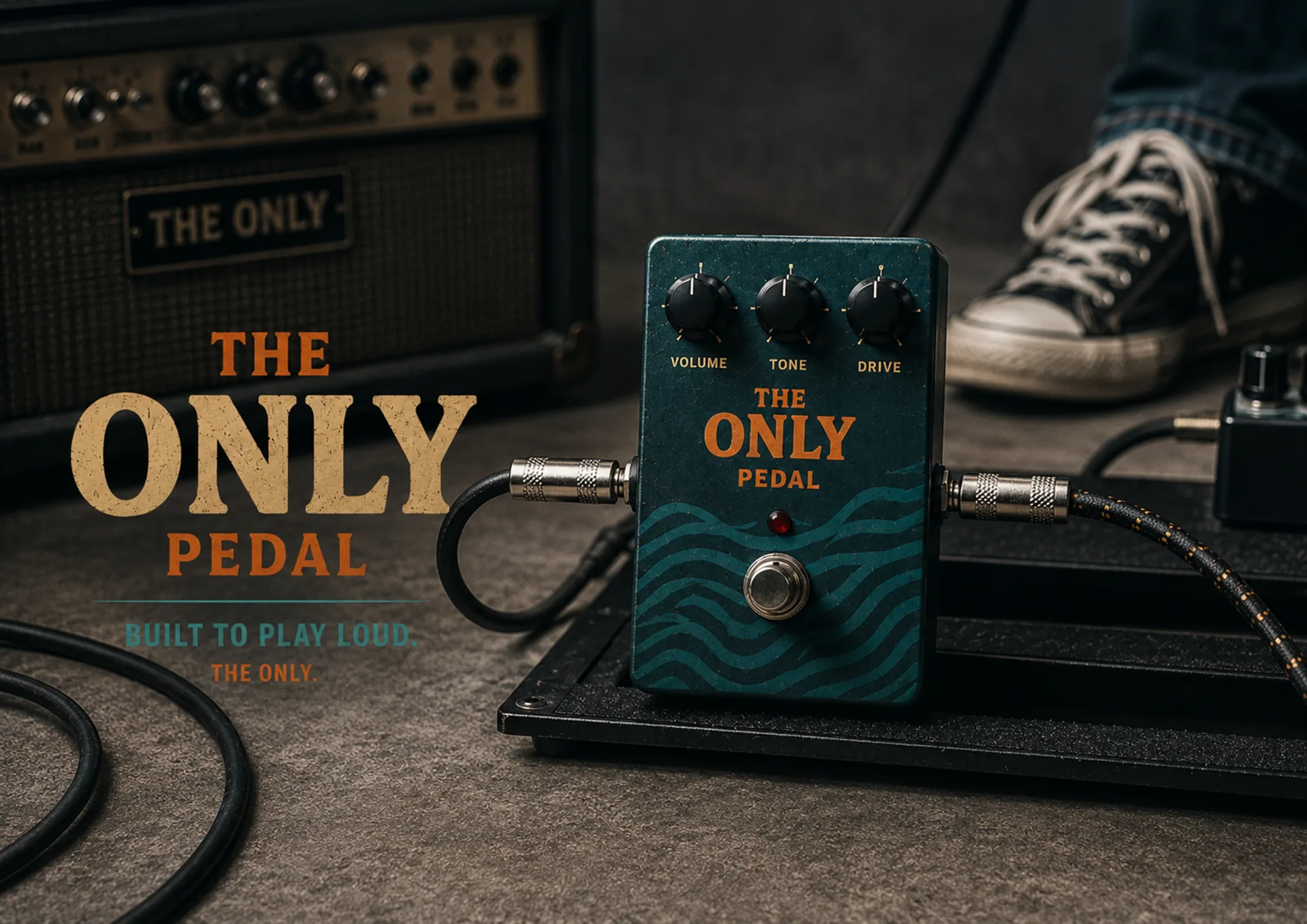 The Only effect pedal connected to cables beside amplifier, shoe, and built to play loud language