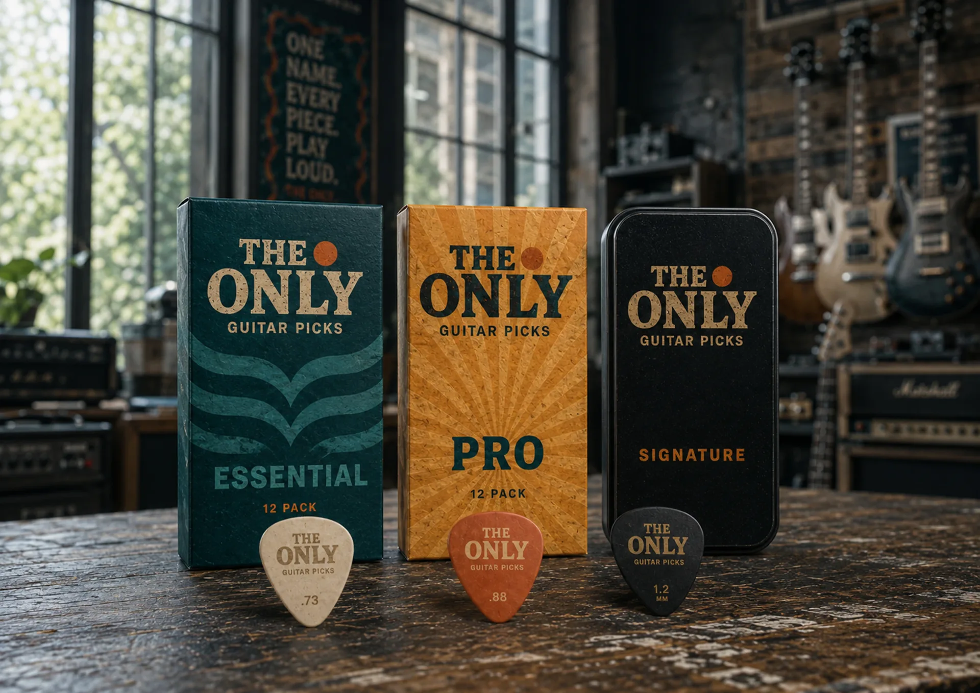 The Only guitar pick packaging with Essential, Pro, and Signature pick packs in a music shop
