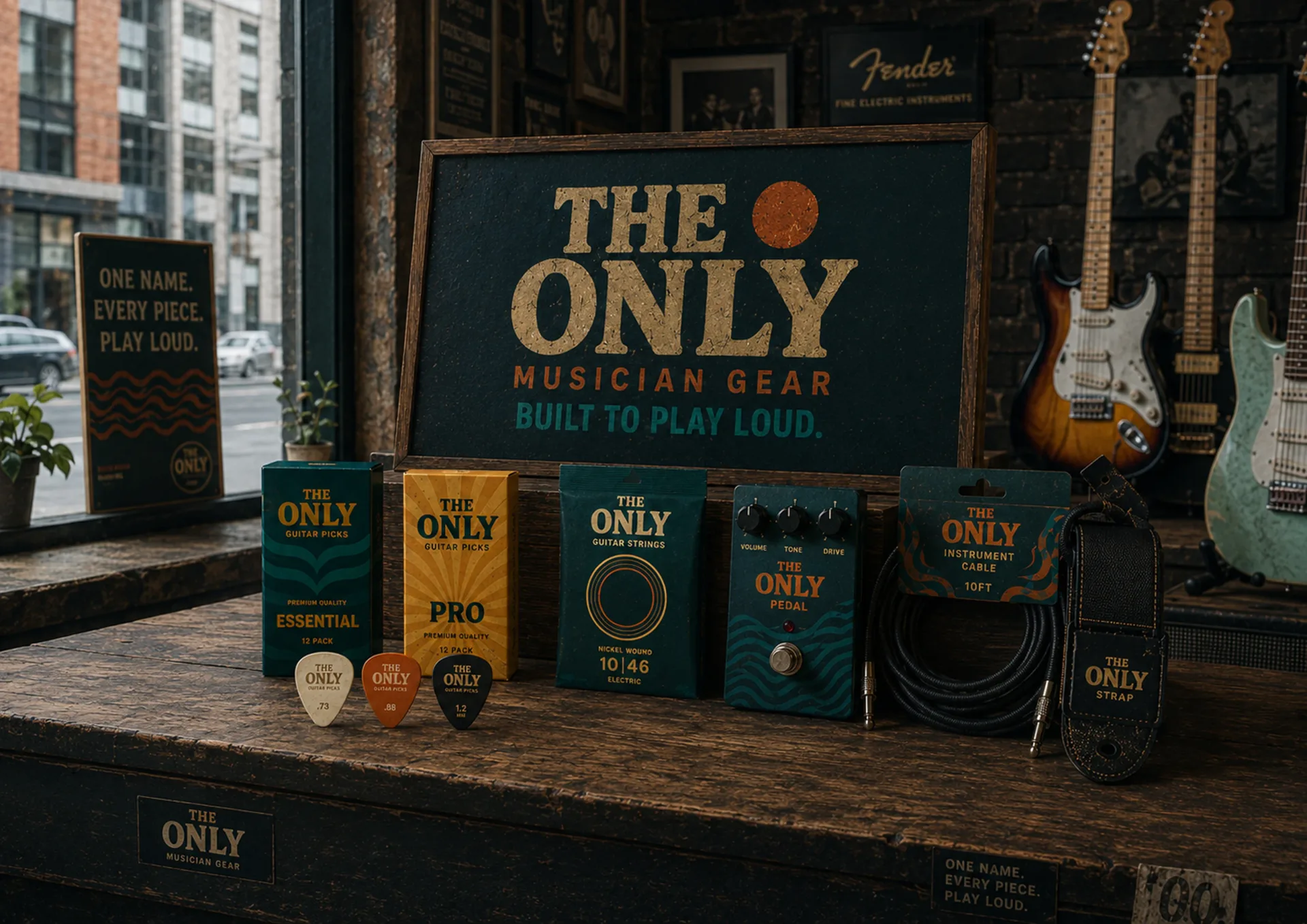 The Only musician gear product world with pick packs, strings, pedal, cable, strap, guitar, and campaign sign