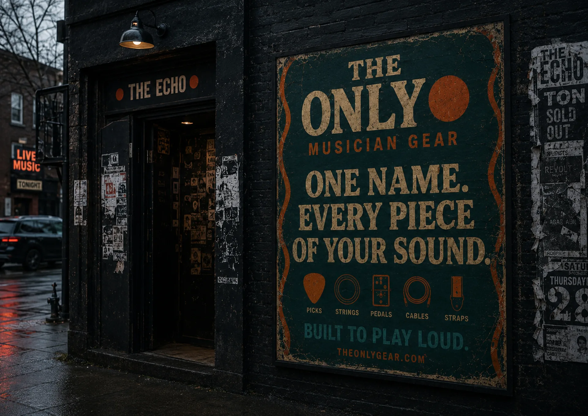 The Only musician gear exterior venue poster beside a music venue entrance on a rainy street